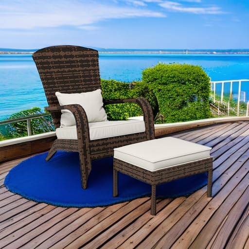 Outsunny Patio Wicker Adirondack Chair with Ottoman, Outdoor Fire Pit Chair with Cushions, High-Back, Large Seat & Armrests for Deck, Garden & Backyard, Cream White