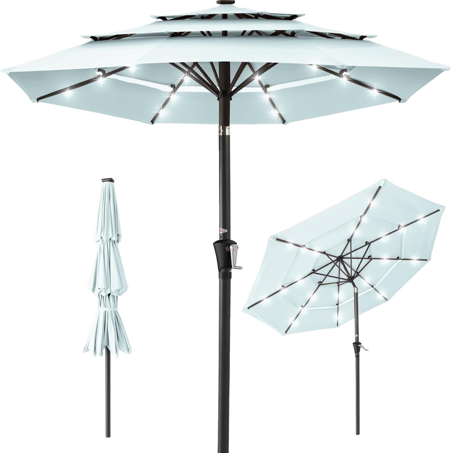Best Choice Products 10ft 3-Tier Patio Umbrella, Outdoor Market Sun Shade for Backyard, Deck, Poolside w/ 24 LED Lights, Tilt Adjustment, Easy Crank, 8 Ribs