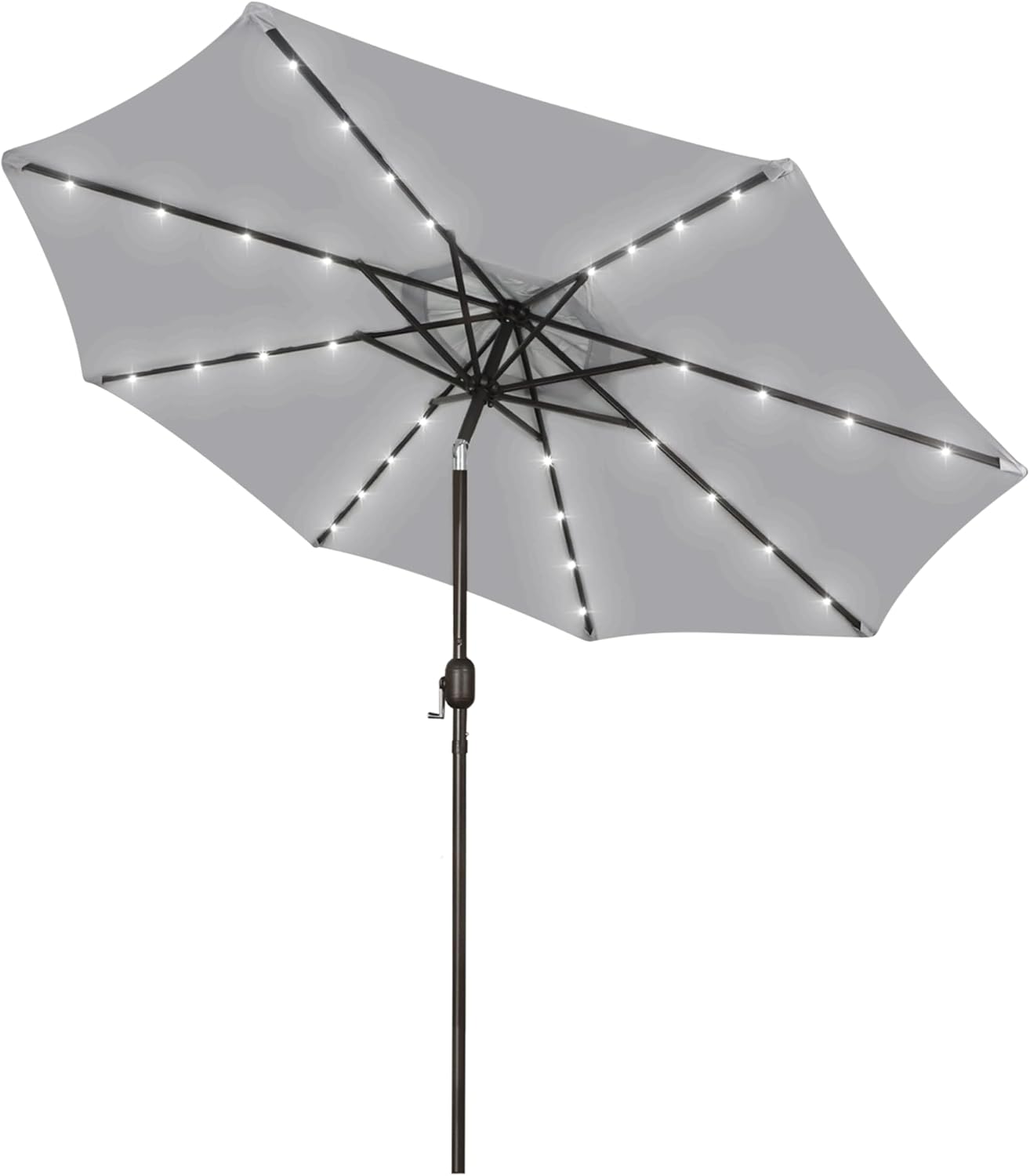 Blissun 9 ft Solar Umbrella 32 LED Lighted Patio Umbrella Table Market Umbrella with Tilt and Crank Outdoor Umbrella for Garden, Deck, Backyard, Pool and Beach (Black and White)