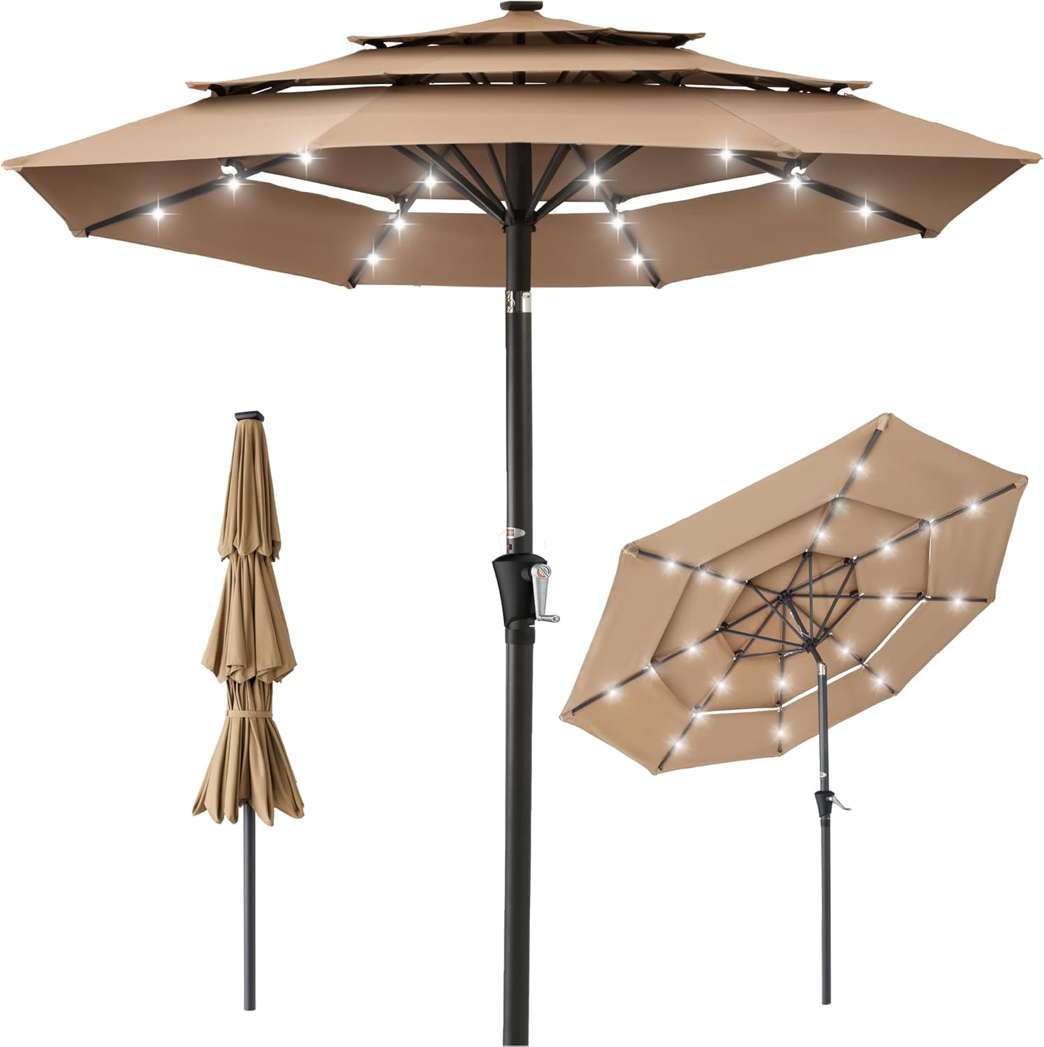 Best Choice Products 10ft 3-Tier Patio Umbrella, Outdoor Market Sun Shade for Backyard, Deck, Poolside w/ 24 LED Lights, Tilt Adjustment, Easy Crank, 8 Ribs