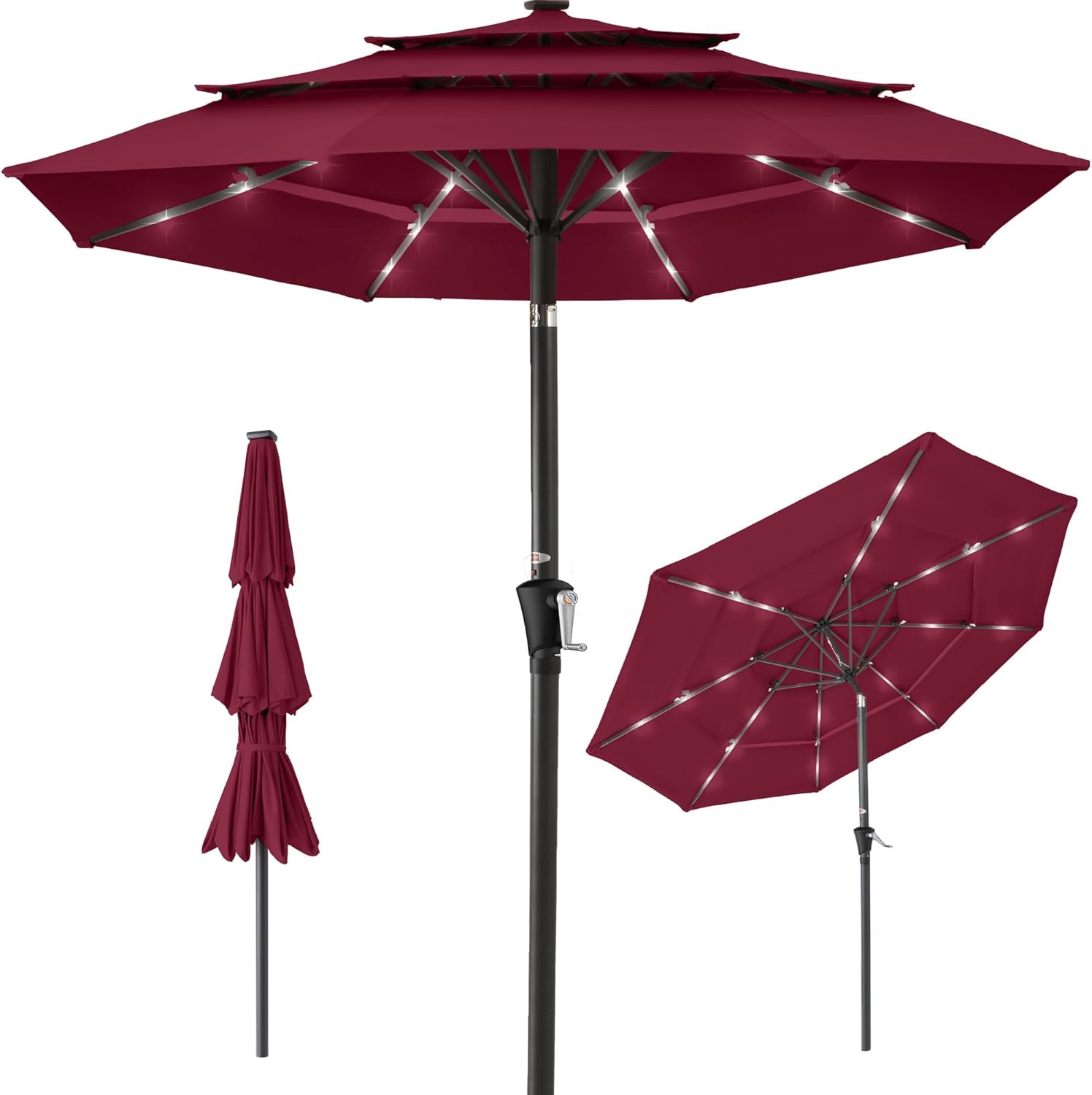 Best Choice Products 10ft 3-Tier Patio Umbrella, Outdoor Market Sun Shade for Backyard, Deck, Poolside w/ 24 LED Lights, Tilt Adjustment, Easy Crank, 8 Ribs