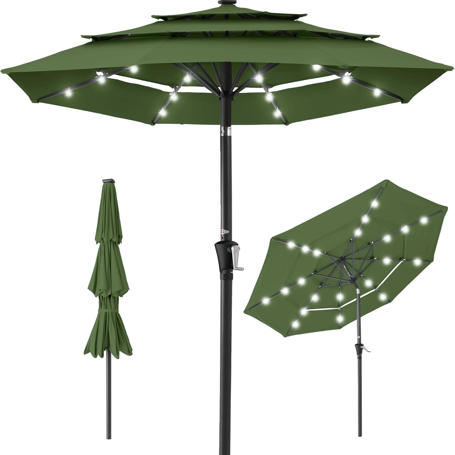 Best Choice Products 10ft 3-Tier Patio Umbrella, Outdoor Market Sun Shade for Backyard, Deck, Poolside w/ 24 LED Lights, Tilt Adjustment, Easy Crank, 8 Ribs
