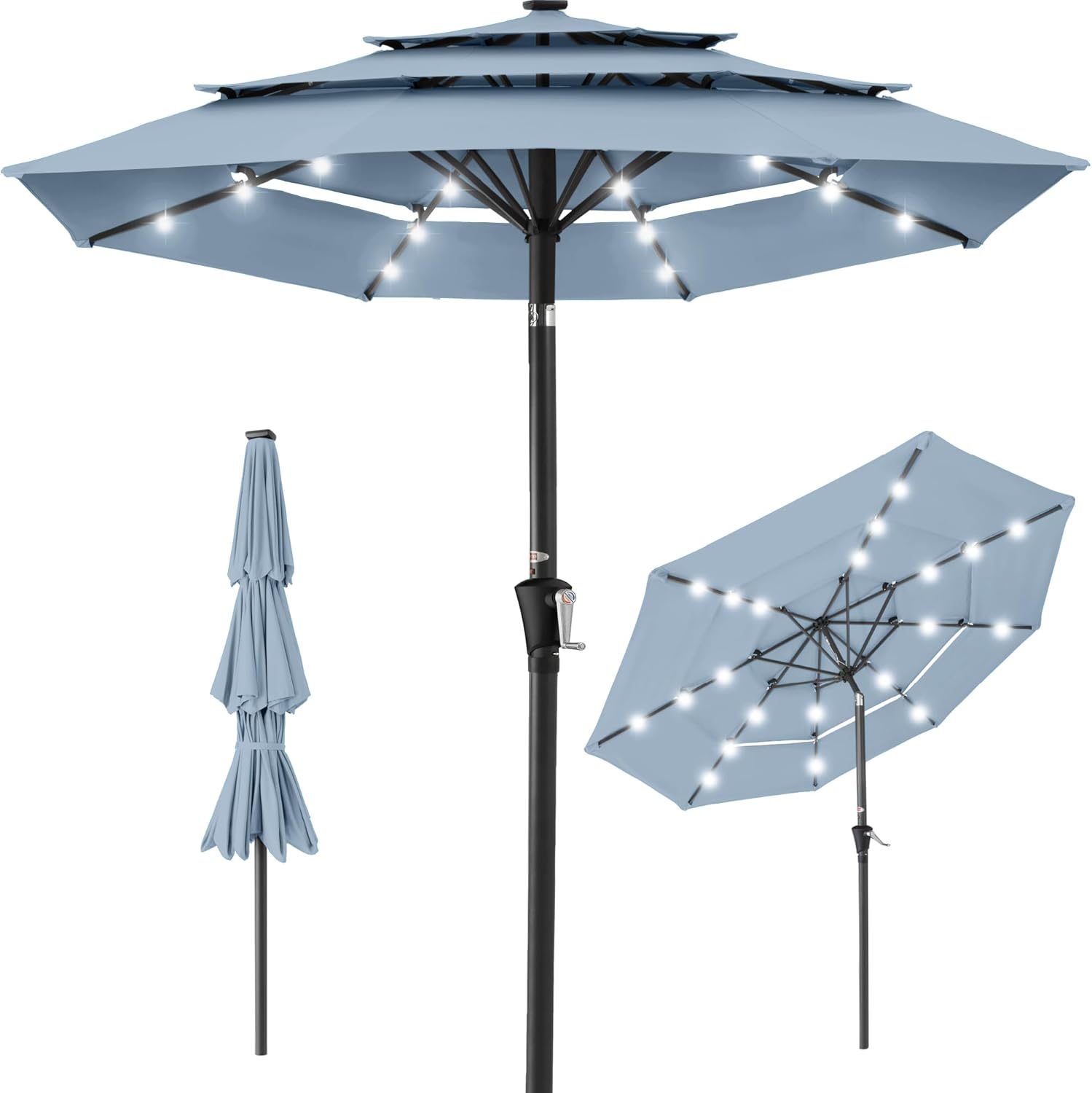 Best Choice Products 10ft 3-Tier Patio Umbrella, Outdoor Market Sun Shade for Backyard, Deck, Poolside w/ 24 LED Lights, Tilt Adjustment, Easy Crank, 8 Ribs