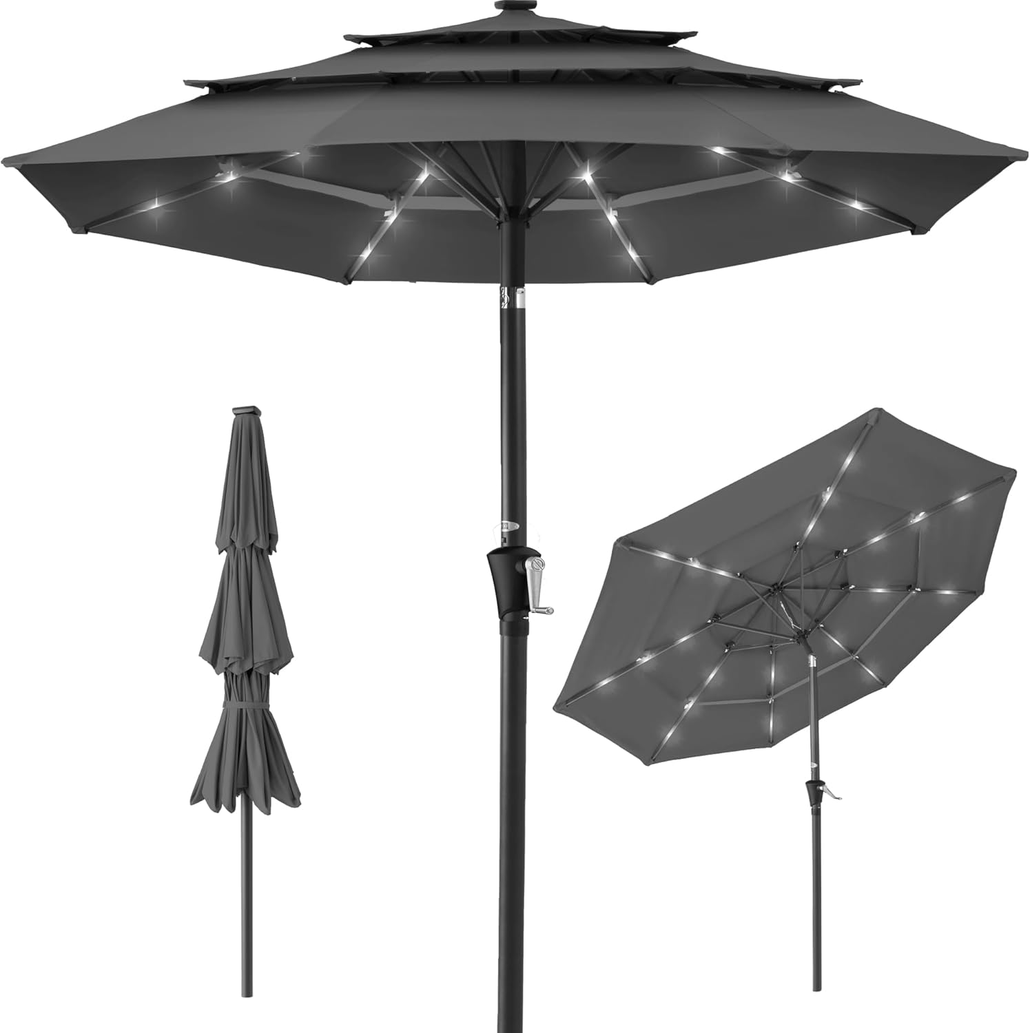 Best Choice Products 10ft 3-Tier Patio Umbrella, Outdoor Market Sun Shade for Backyard, Deck, Poolside w/ 24 LED Lights, Tilt Adjustment, Easy Crank, 8 Ribs