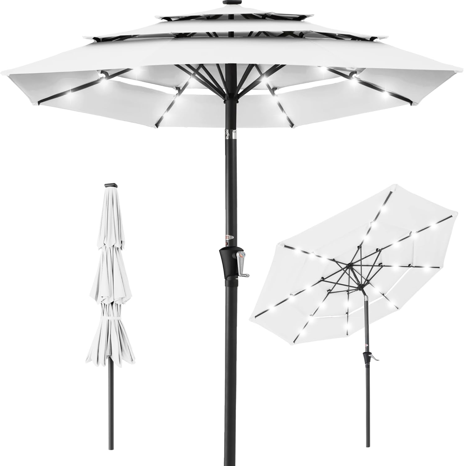Best Choice Products 10ft 3-Tier Patio Umbrella, Outdoor Market Sun Shade for Backyard, Deck, Poolside w/ 24 LED Lights, Tilt Adjustment, Easy Crank, 8 Ribs
