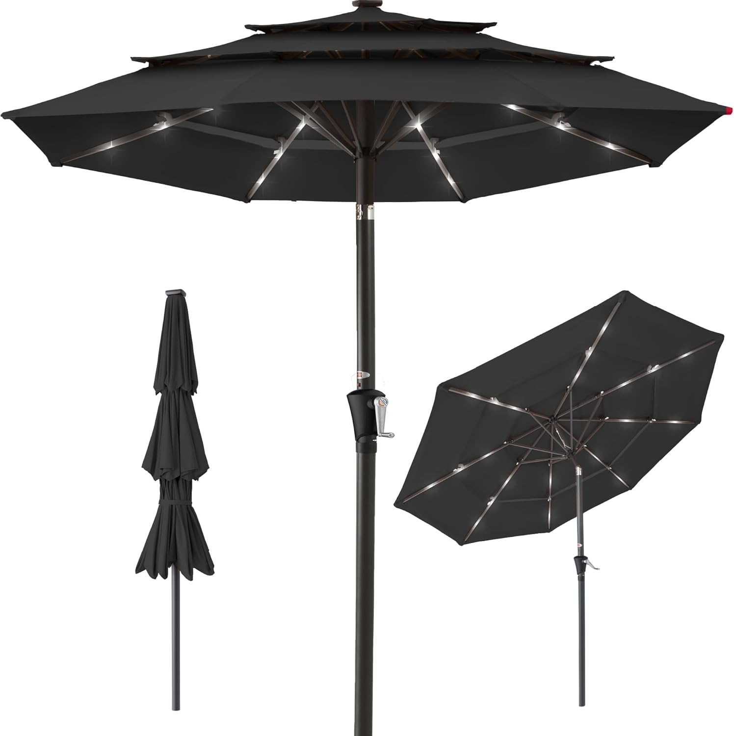 Best Choice Products 10ft 3-Tier Patio Umbrella, Outdoor Market Sun Shade for Backyard, Deck, Poolside w/ 24 LED Lights, Tilt Adjustment, Easy Crank, 8 Ribs