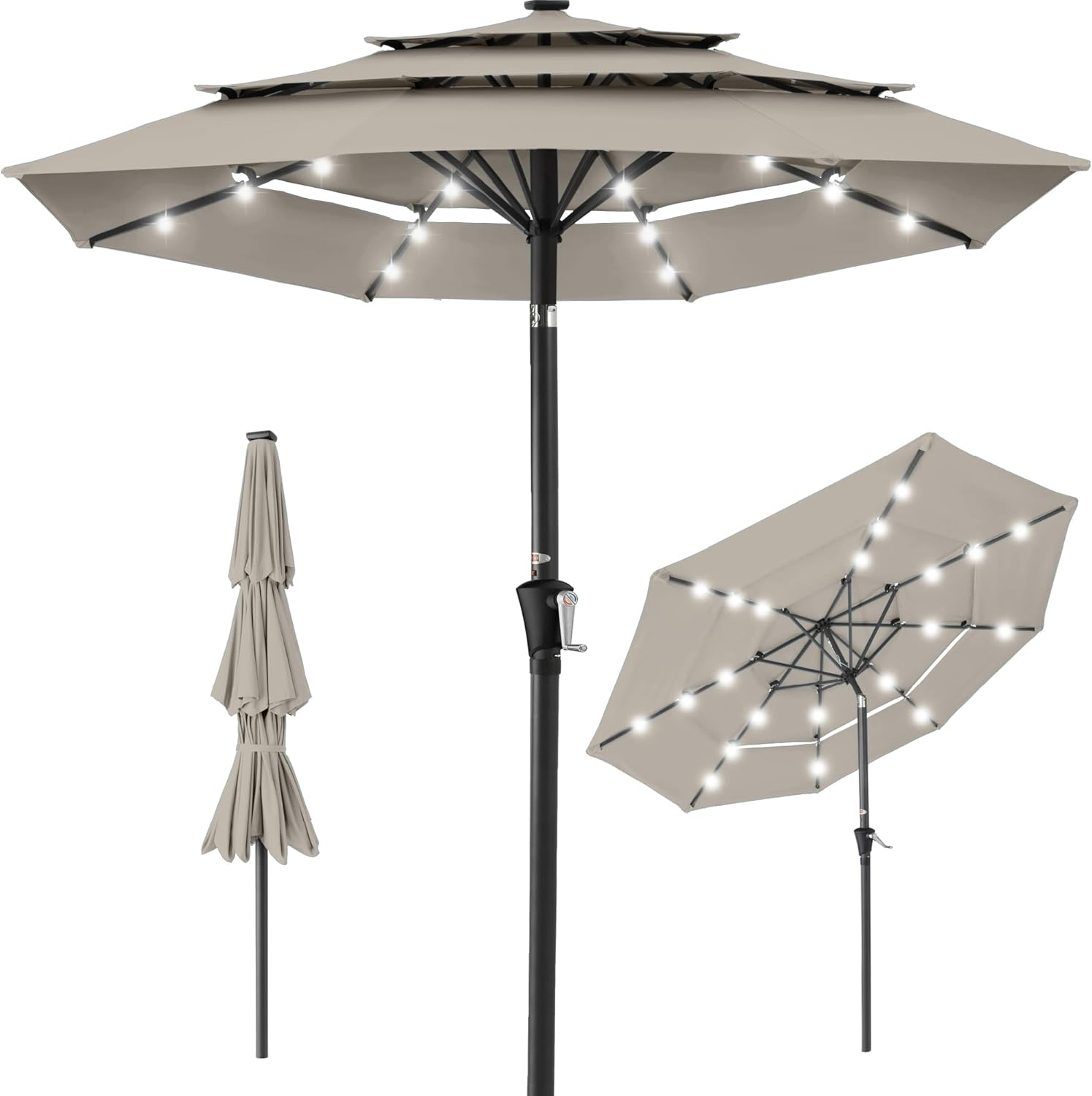 Best Choice Products 10ft 3-Tier Patio Umbrella, Outdoor Market Sun Shade for Backyard, Deck, Poolside w/ 24 LED Lights, Tilt Adjustment, Easy Crank, 8 Ribs
