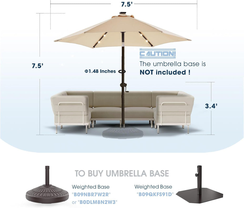 wikiwiki 7.5ft Solar Led Patio Umbrella, Sturdy Outdoor Market Umbrella for Deck, Pool, Garden w/Tilt, Crank, 18 LED Lights, Beige