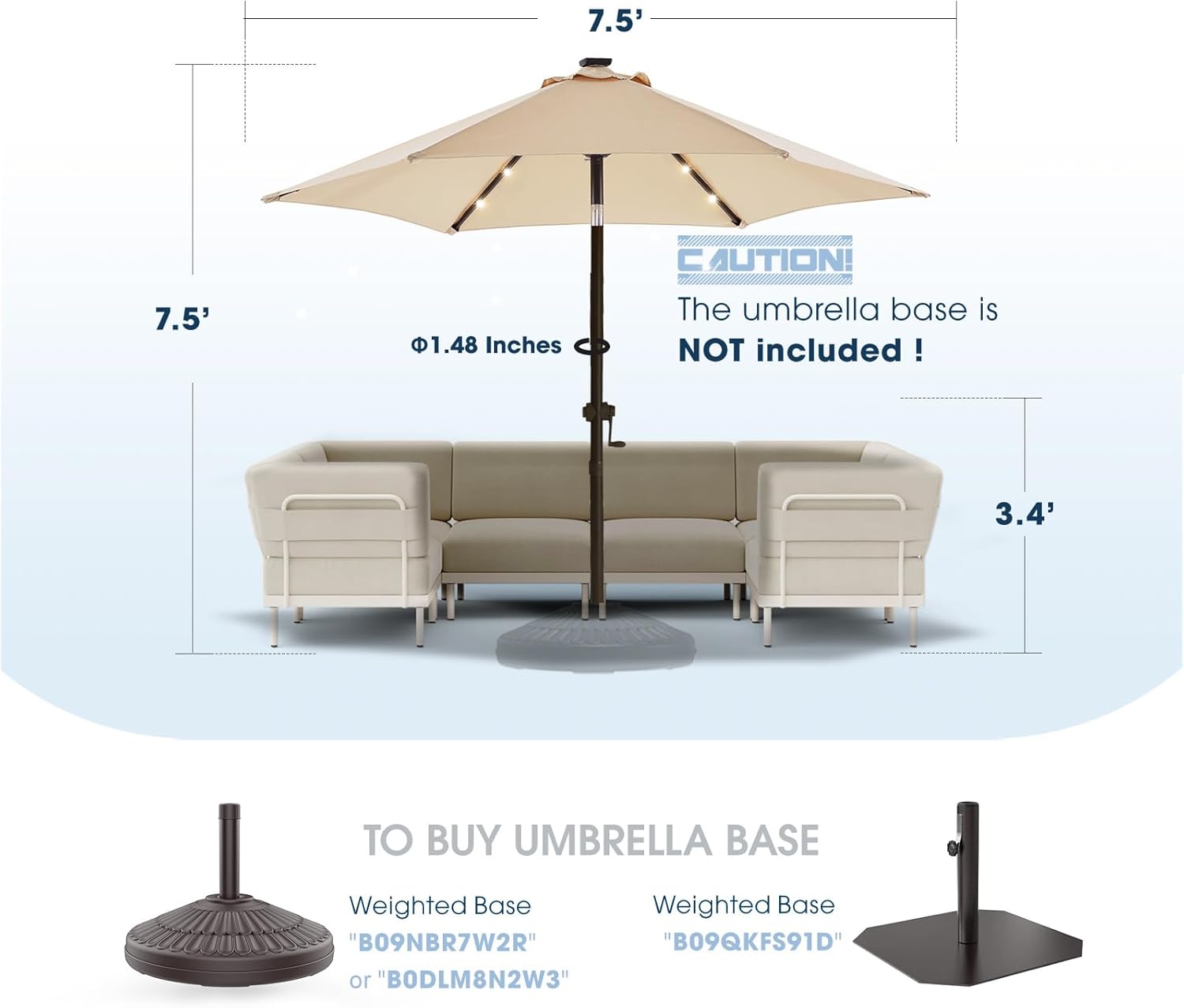 wikiwiki 7.5ft Solar Led Patio Umbrella, Sturdy Outdoor Market Umbrella for Deck, Pool, Garden w/Tilt, Crank, 18 LED Lights, Beige