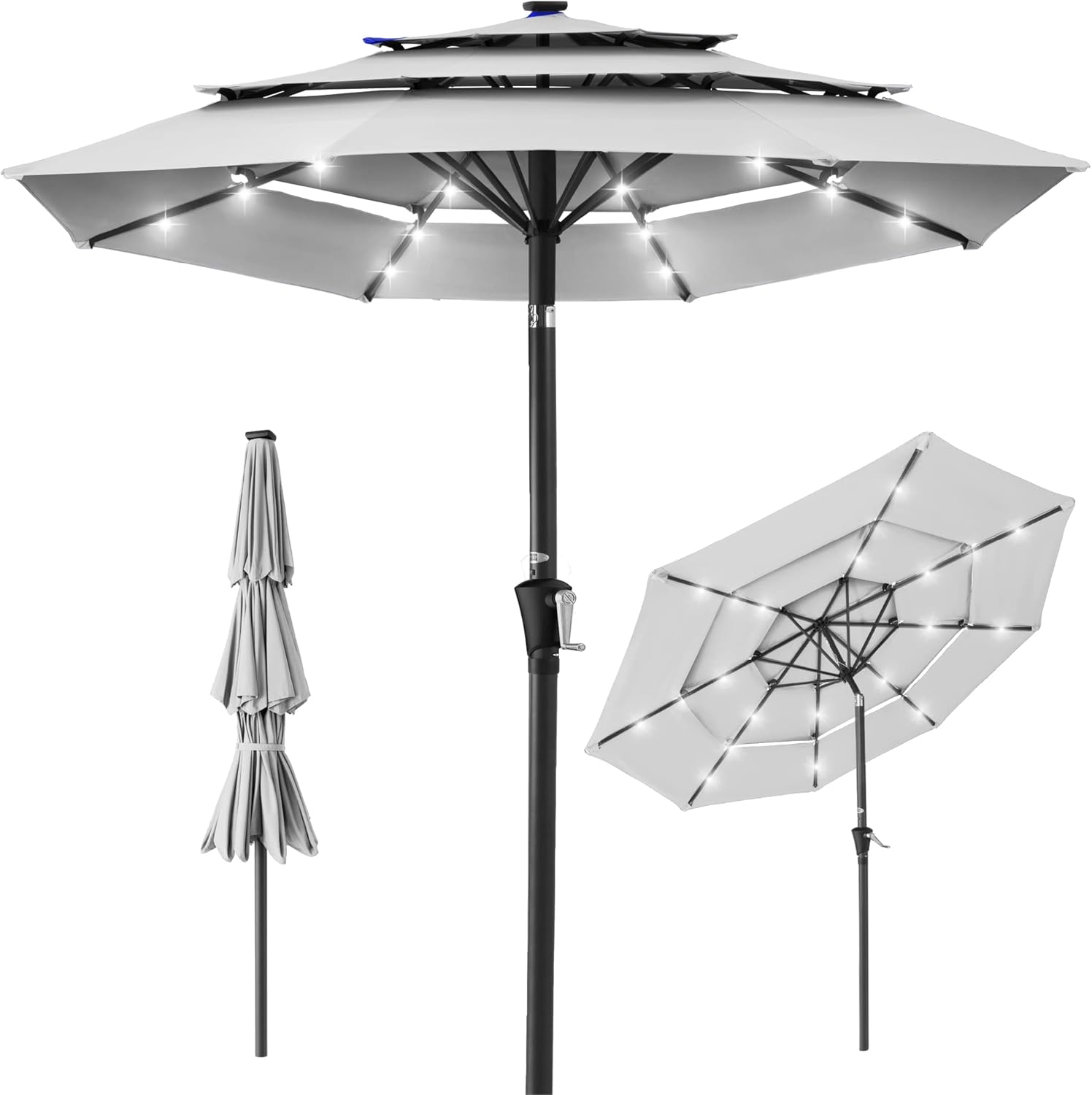 Best Choice Products 10ft 3-Tier Patio Umbrella, Outdoor Market Sun Shade for Backyard, Deck, Poolside w/ 24 LED Lights, Tilt Adjustment, Easy Crank, 8 Ribs