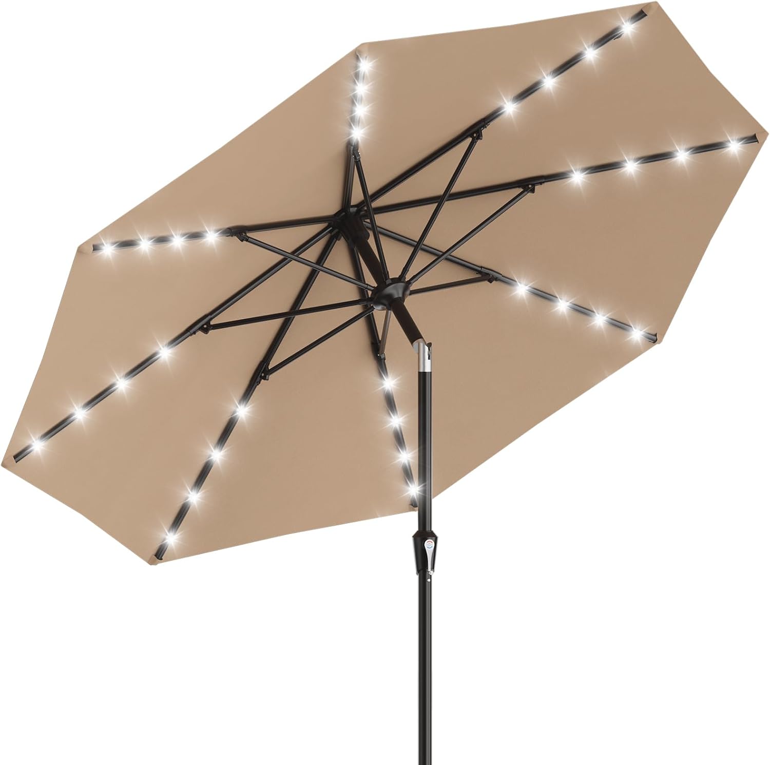 AreShark 9FT Patio Umbrella with Solar Lights, 32 Lighted Pool Umbrella w/Tilt and Crank, Outdoor Market Solar Umbrellas for Garden, Deck, Backyard, Pool and Beach, Beige