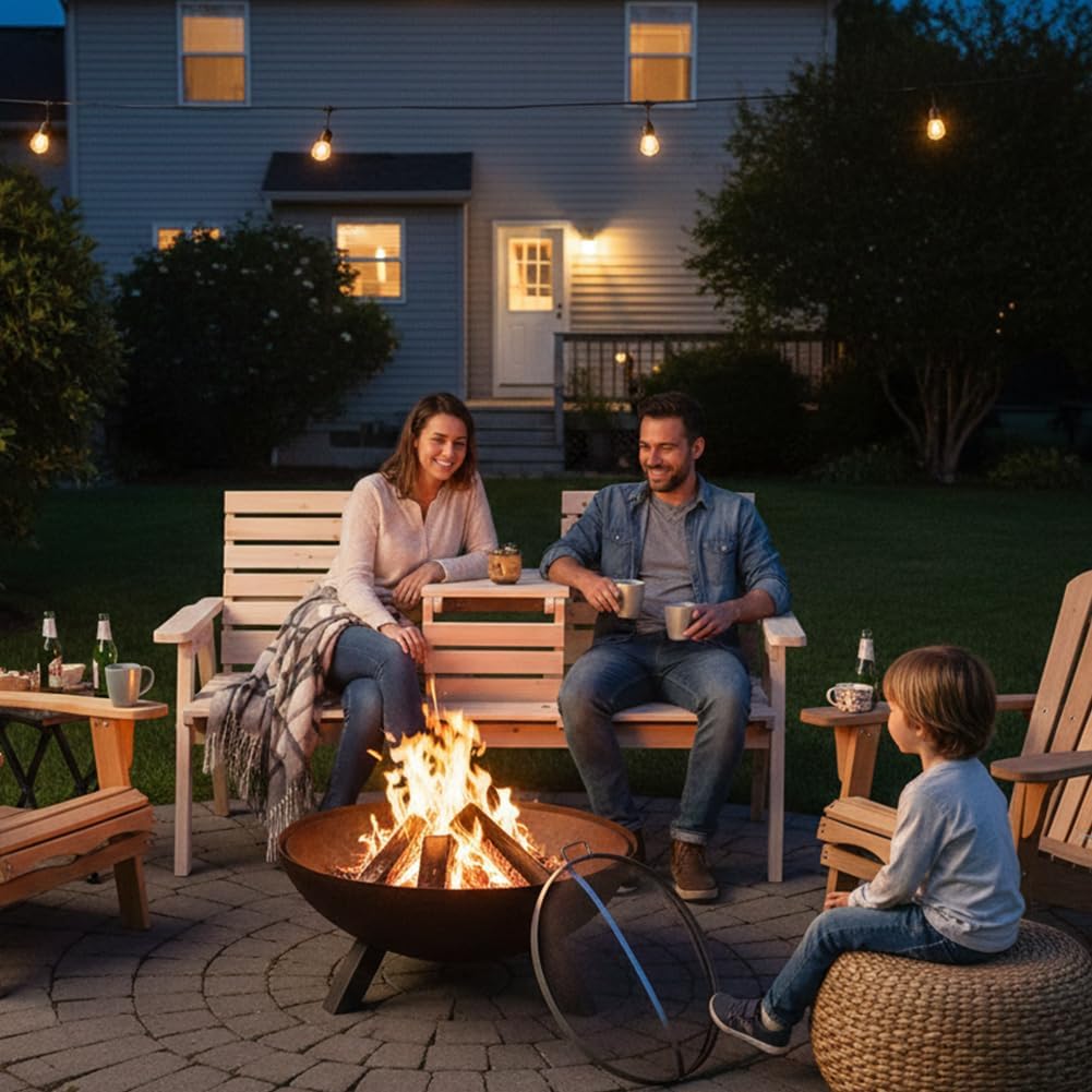 FORTUNO Cedar/Fir Log Wood Patio Garden Bench with Foldable Table, Outdoor Wooden Porch 3-Seat Bench Chair for Garden Balcony Patio Backyard, Natural Finish