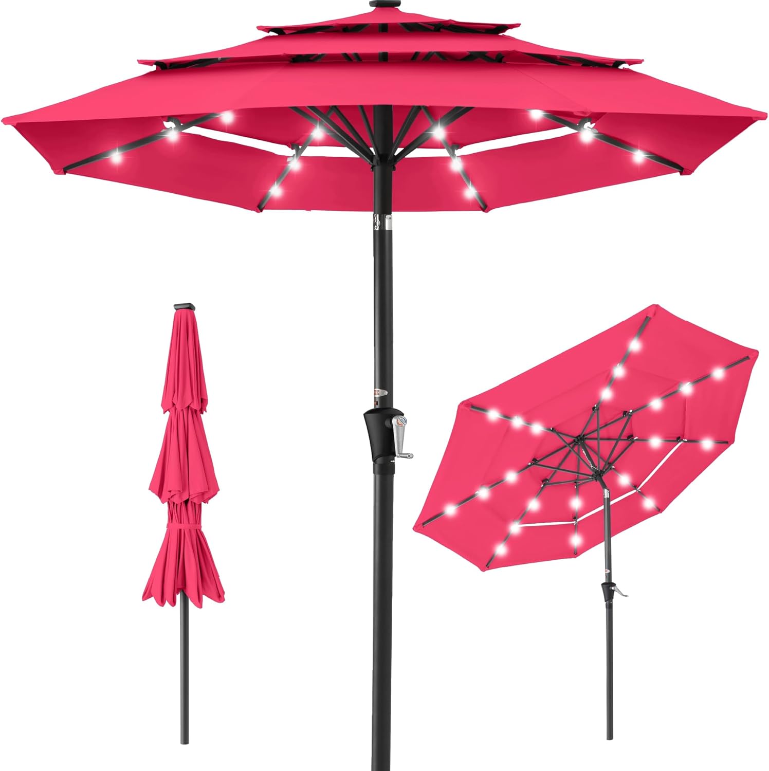 Best Choice Products 10ft 3-Tier Patio Umbrella, Outdoor Market Sun Shade for Backyard, Deck, Poolside w/ 24 LED Lights, Tilt Adjustment, Easy Crank, 8 Ribs