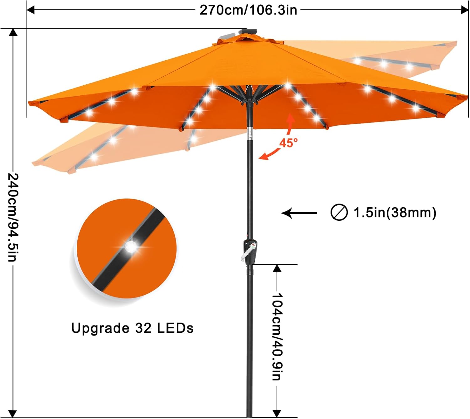 ABCCANOPY Durable Solar Led Patio Umbrellas with 32LED Lights 9FT (Orange)