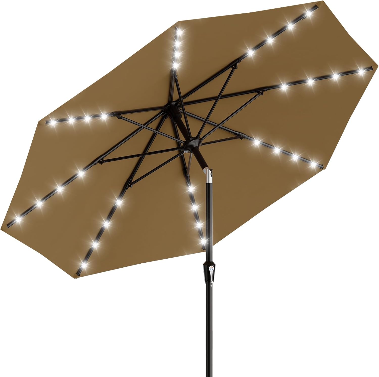 AreShark 9FT Patio Umbrella with Solar Lights, 32 Lighted Pool Umbrella w/Tilt and Crank, Outdoor Market Solar Umbrellas for Garden, Deck, Backyard, Pool and Beach, Beige