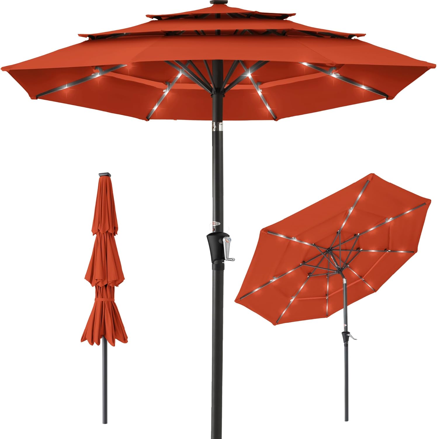 Best Choice Products 10ft 3-Tier Patio Umbrella, Outdoor Market Sun Shade for Backyard, Deck, Poolside w/ 24 LED Lights, Tilt Adjustment, Easy Crank, 8 Ribs