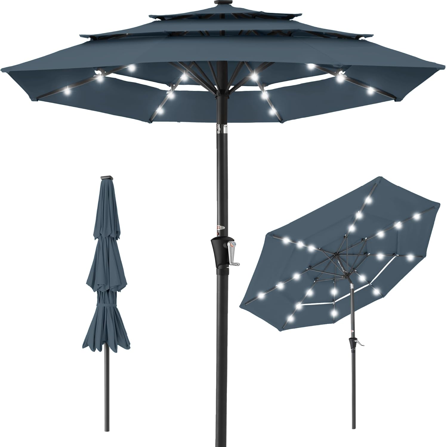 Best Choice Products 10ft 3-Tier Patio Umbrella, Outdoor Market Sun Shade for Backyard, Deck, Poolside w/ 24 LED Lights, Tilt Adjustment, Easy Crank, 8 Ribs