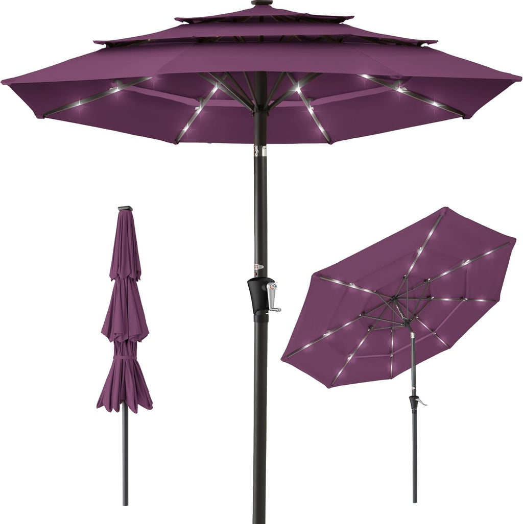 Best Choice Products 10ft 3-Tier Patio Umbrella, Outdoor Market Sun Shade for Backyard, Deck, Poolside w/ 24 LED Lights, Tilt Adjustment, Easy Crank, 8 Ribs