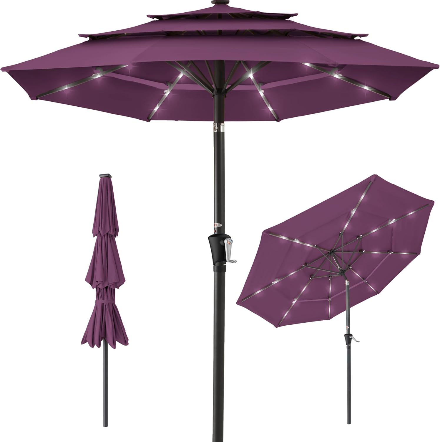 Best Choice Products 10ft 3-Tier Patio Umbrella, Outdoor Market Sun Shade for Backyard, Deck, Poolside w/ 24 LED Lights, Tilt Adjustment, Easy Crank, 8 Ribs