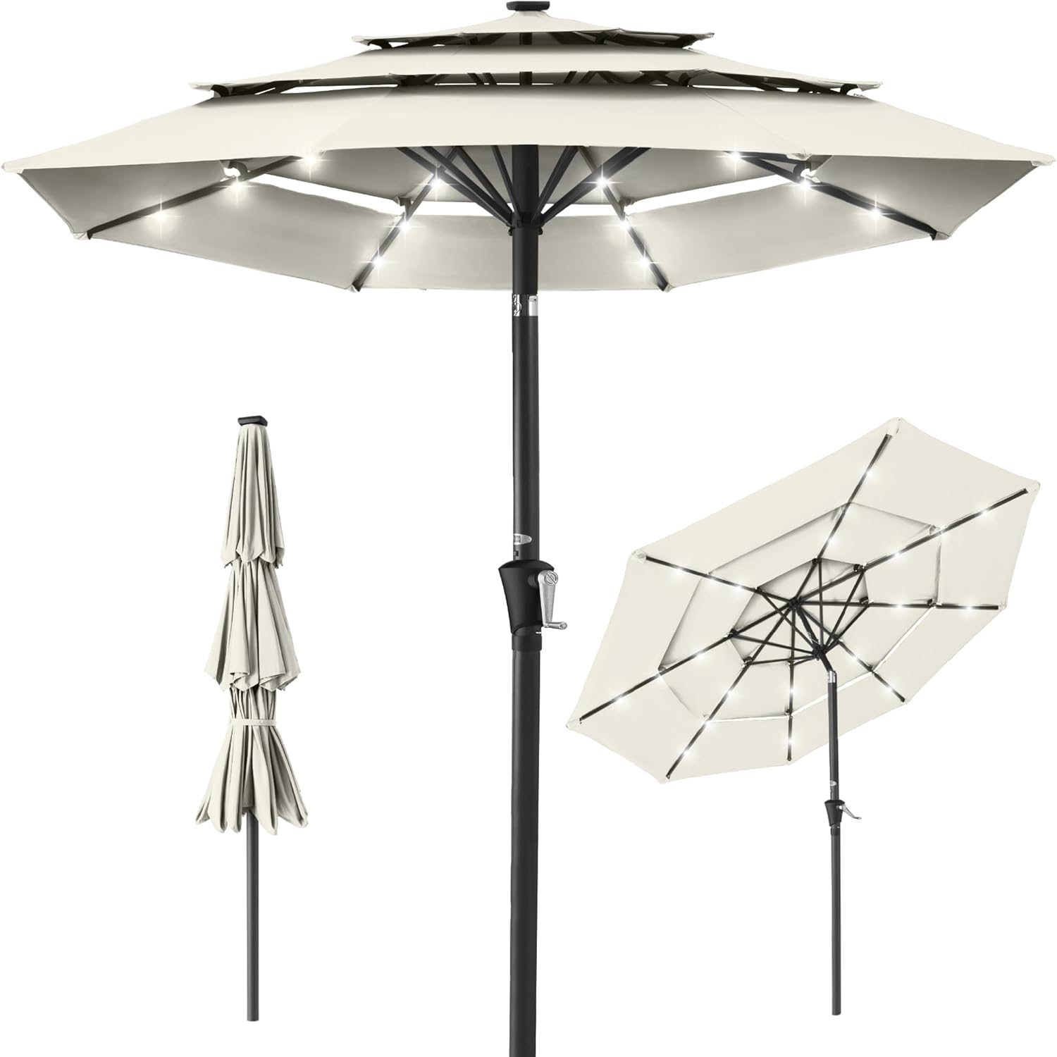 Best Choice Products 10ft 3-Tier Patio Umbrella, Outdoor Market Sun Shade for Backyard, Deck, Poolside w/ 24 LED Lights, Tilt Adjustment, Easy Crank, 8 Ribs