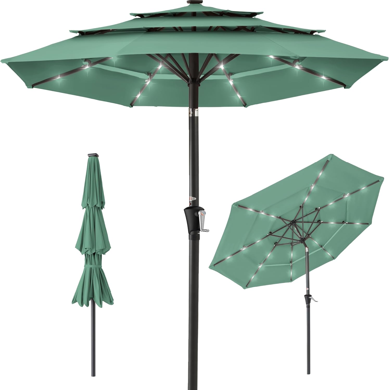 Best Choice Products 10ft 3-Tier Patio Umbrella, Outdoor Market Sun Shade for Backyard, Deck, Poolside w/ 24 LED Lights, Tilt Adjustment, Easy Crank, 8 Ribs