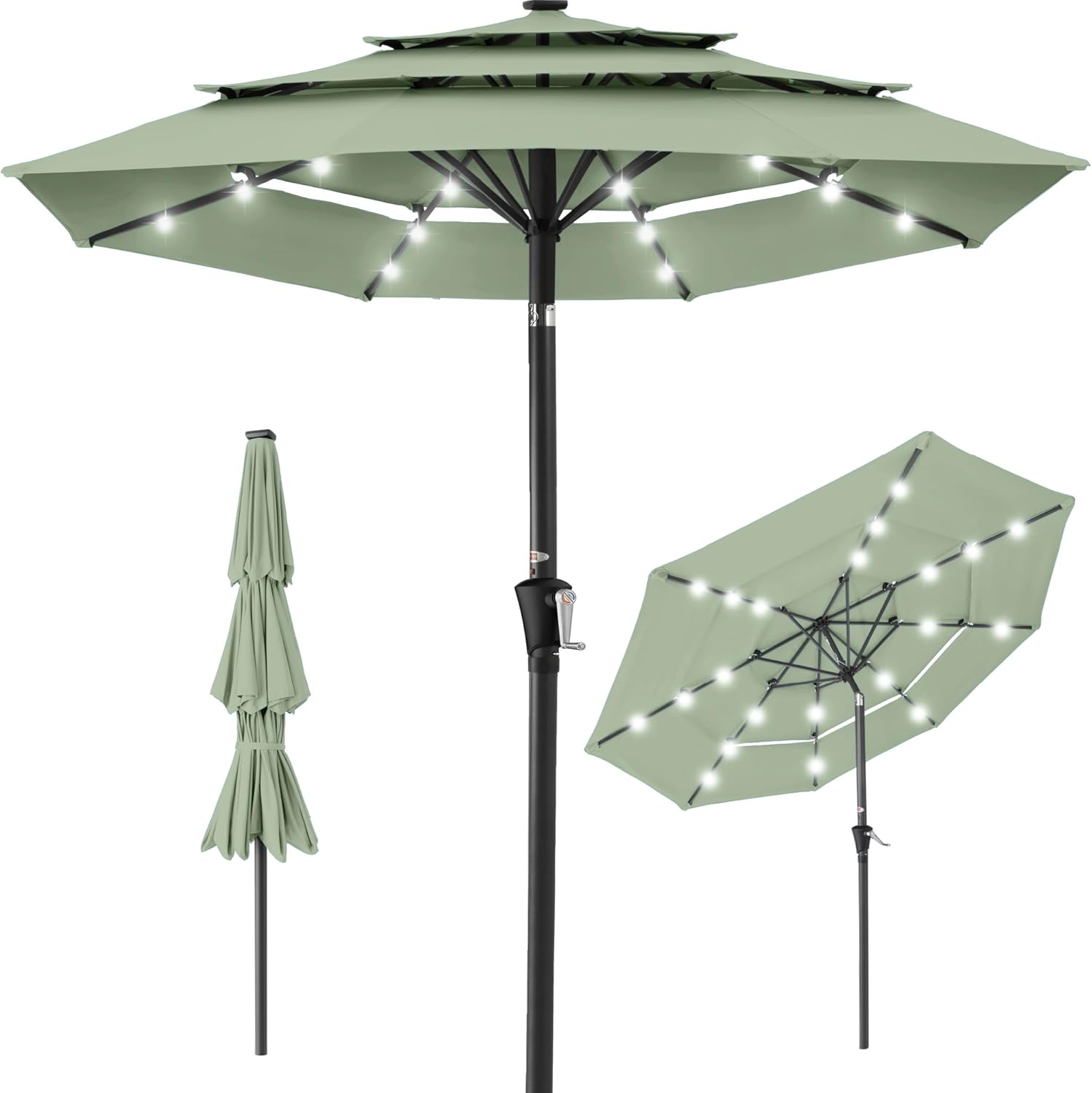 Best Choice Products 10ft 3-Tier Patio Umbrella, Outdoor Market Sun Shade for Backyard, Deck, Poolside w/ 24 LED Lights, Tilt Adjustment, Easy Crank, 8 Ribs