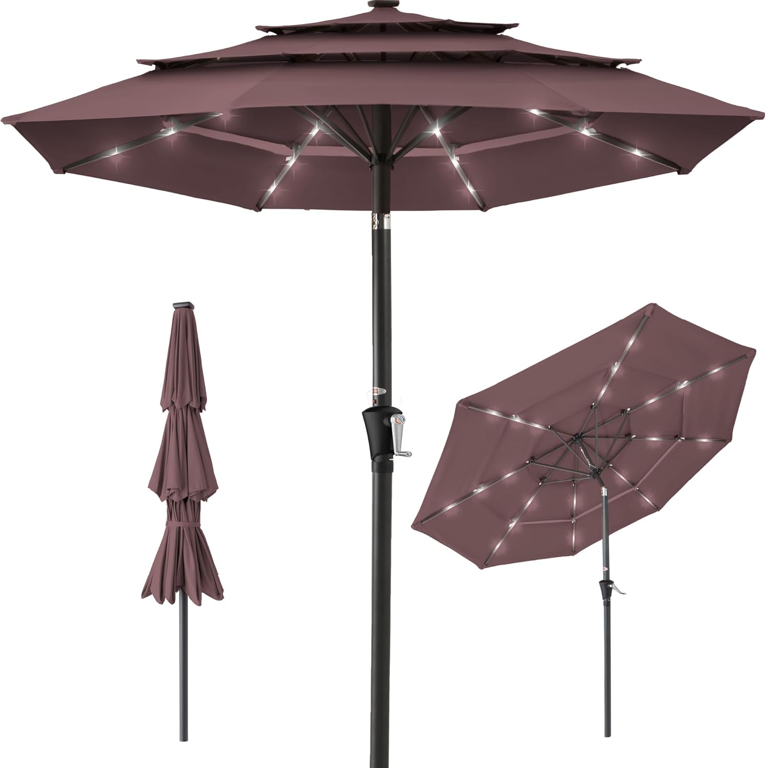 Best Choice Products 10ft 3-Tier Patio Umbrella, Outdoor Market Sun Shade for Backyard, Deck, Poolside w/ 24 LED Lights, Tilt Adjustment, Easy Crank, 8 Ribs