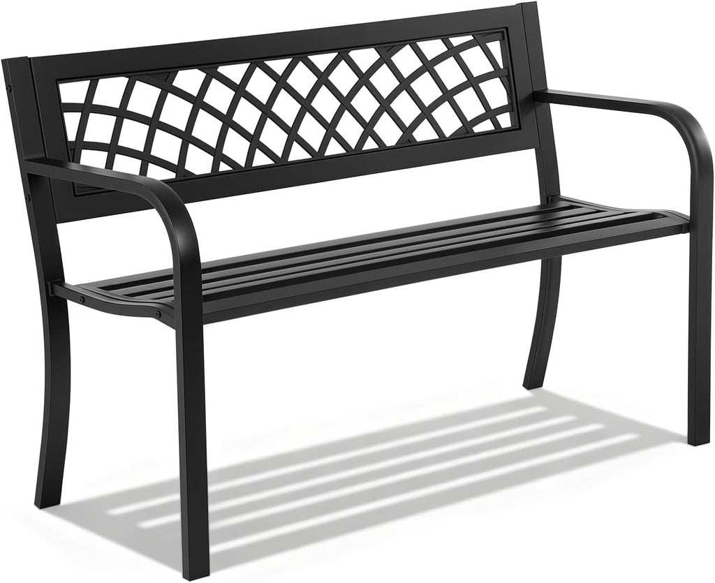 Garden Bench,Outdoor Benches,Iron Steel Frame Patio Bench with Mesh Pattern and Plastic Backrest Armrests for Lawn Yard Porch Work Entryway,Black