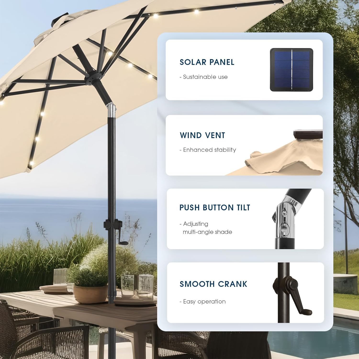 wikiwiki 7.5ft Solar Led Patio Umbrella, Sturdy Outdoor Market Umbrella for Deck, Pool, Garden w/Tilt, Crank, 18 LED Lights, Beige