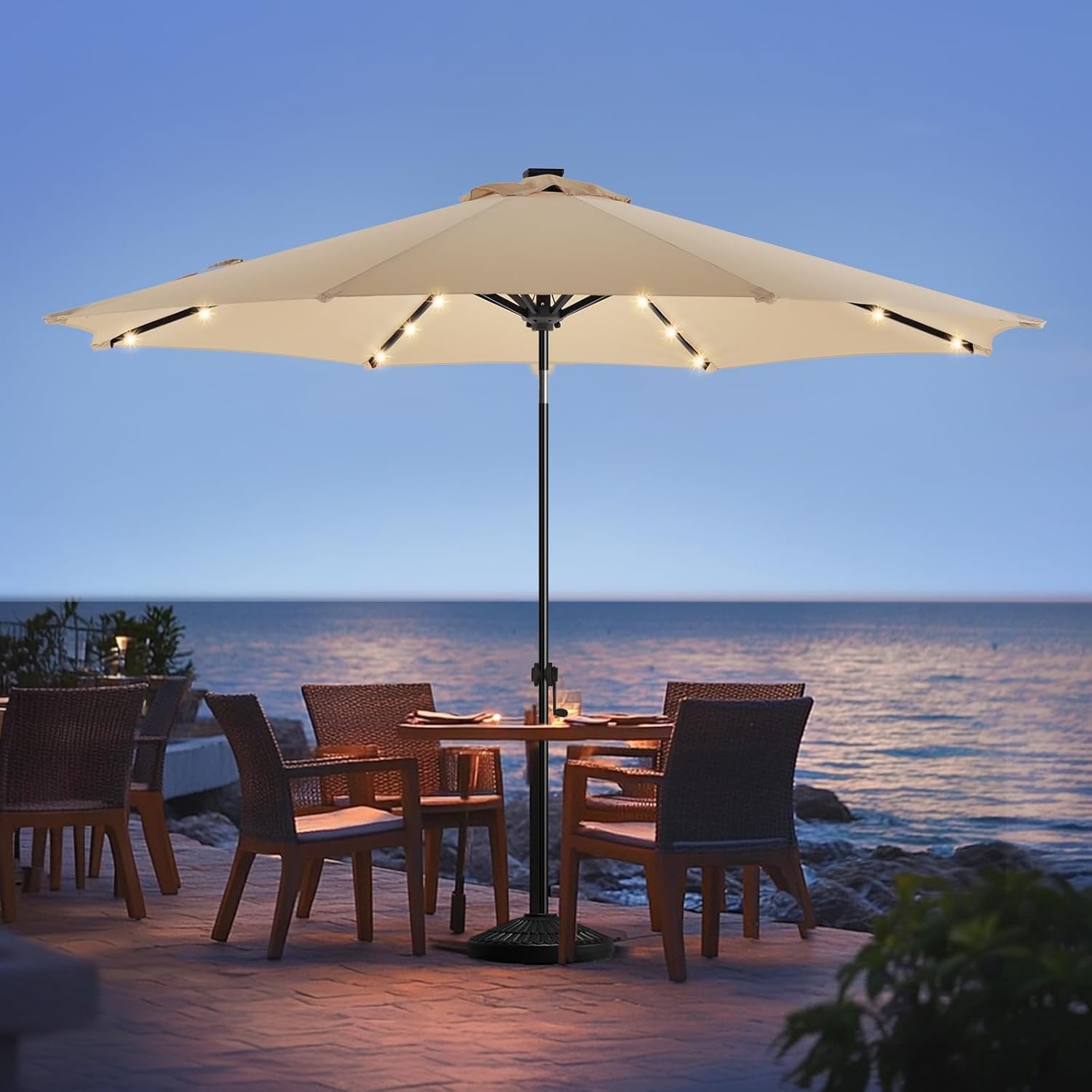 wikiwiki 7.5ft Solar Led Patio Umbrella, Sturdy Outdoor Market Umbrella for Deck, Pool, Garden w/Tilt, Crank, 18 LED Lights, Beige