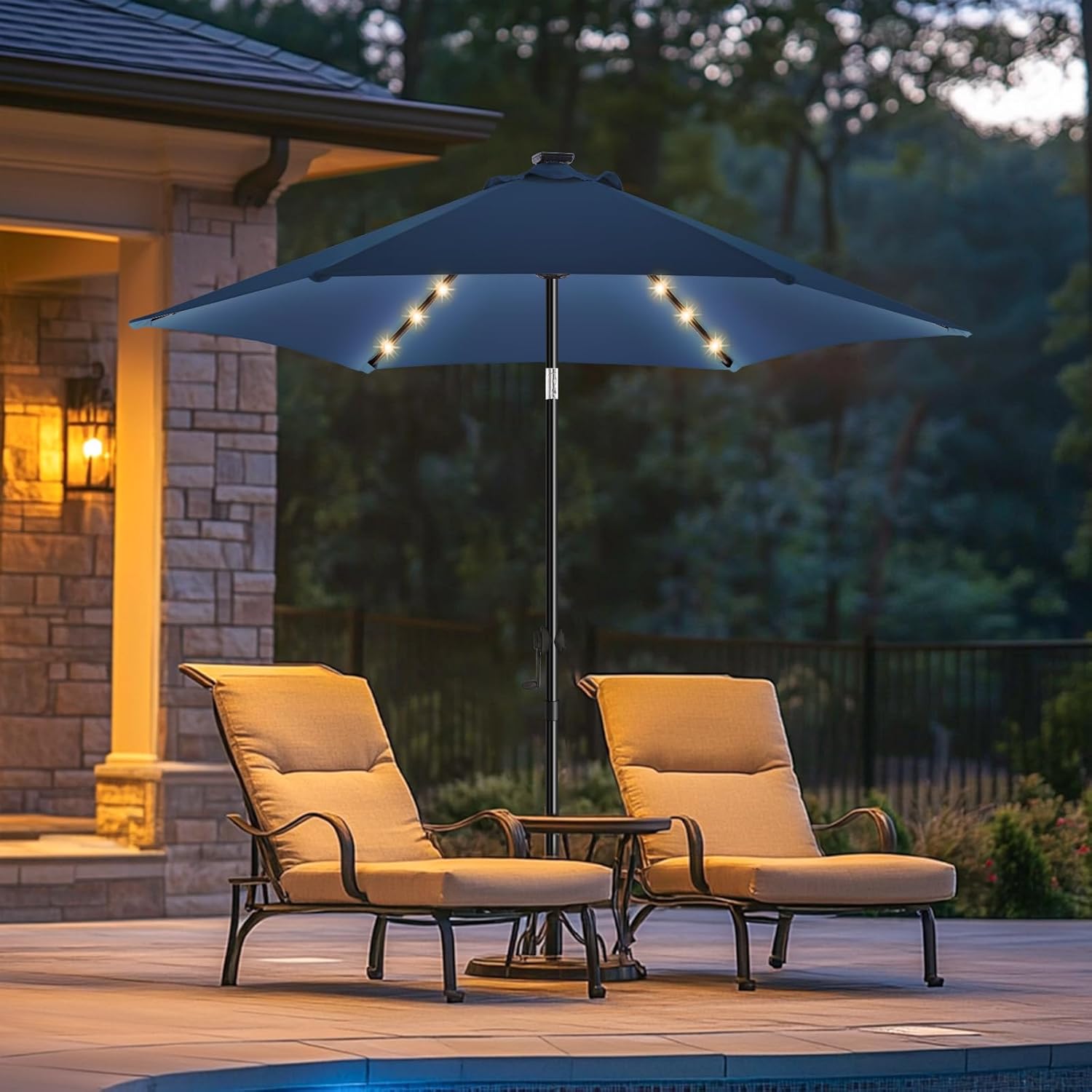 wikiwiki 7.5ft Solar Led Patio Umbrella, Sturdy Outdoor Market Umbrella for Deck, Pool, Garden w/Tilt, Crank, 18 LED Lights, Beige