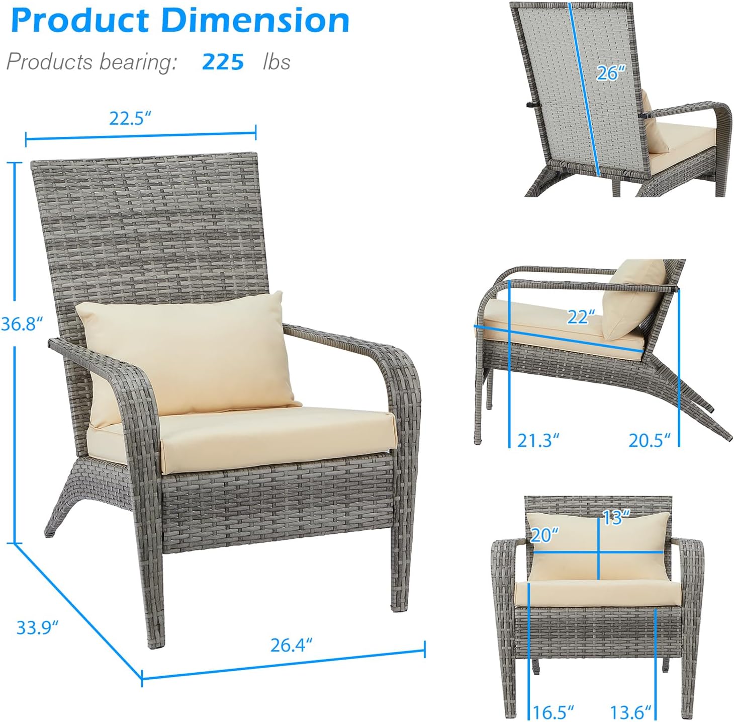AECOJOY Outdoor Dining Chairs, Outdoor Patio Adirondack Rattan Chair with Cushion and Pillow for Garden,Backyard,Porch, Grey