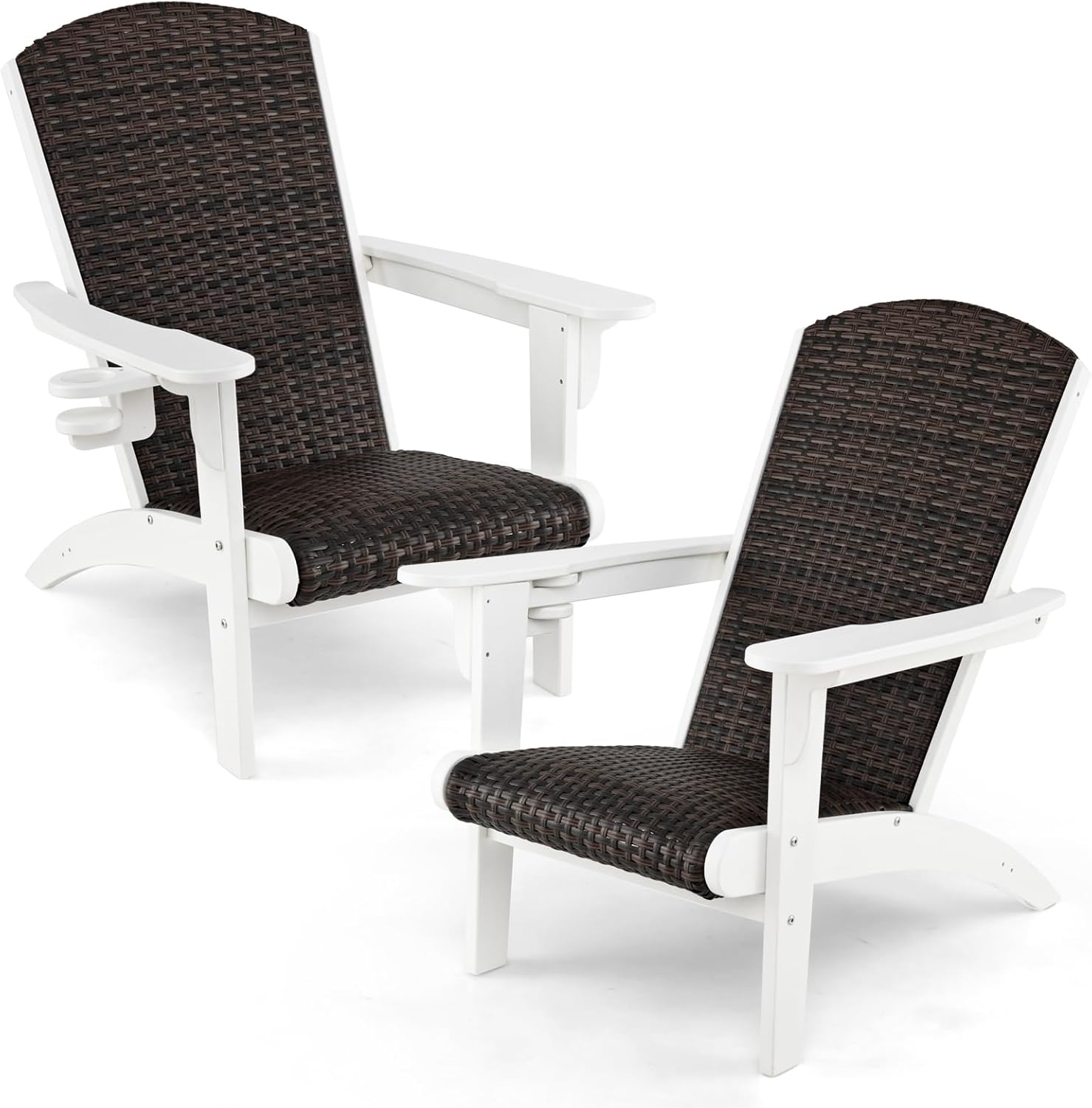 Tangkula Patio Wicker Adirondack Chair, HDPE Lounge Chair w/Rattan Padded Seat & Back, Wide Armrests & Hidden Cupholder, Outdoor All-Weather Adirondack Fire Pit Chair for Backyard, Lawn (1, White)