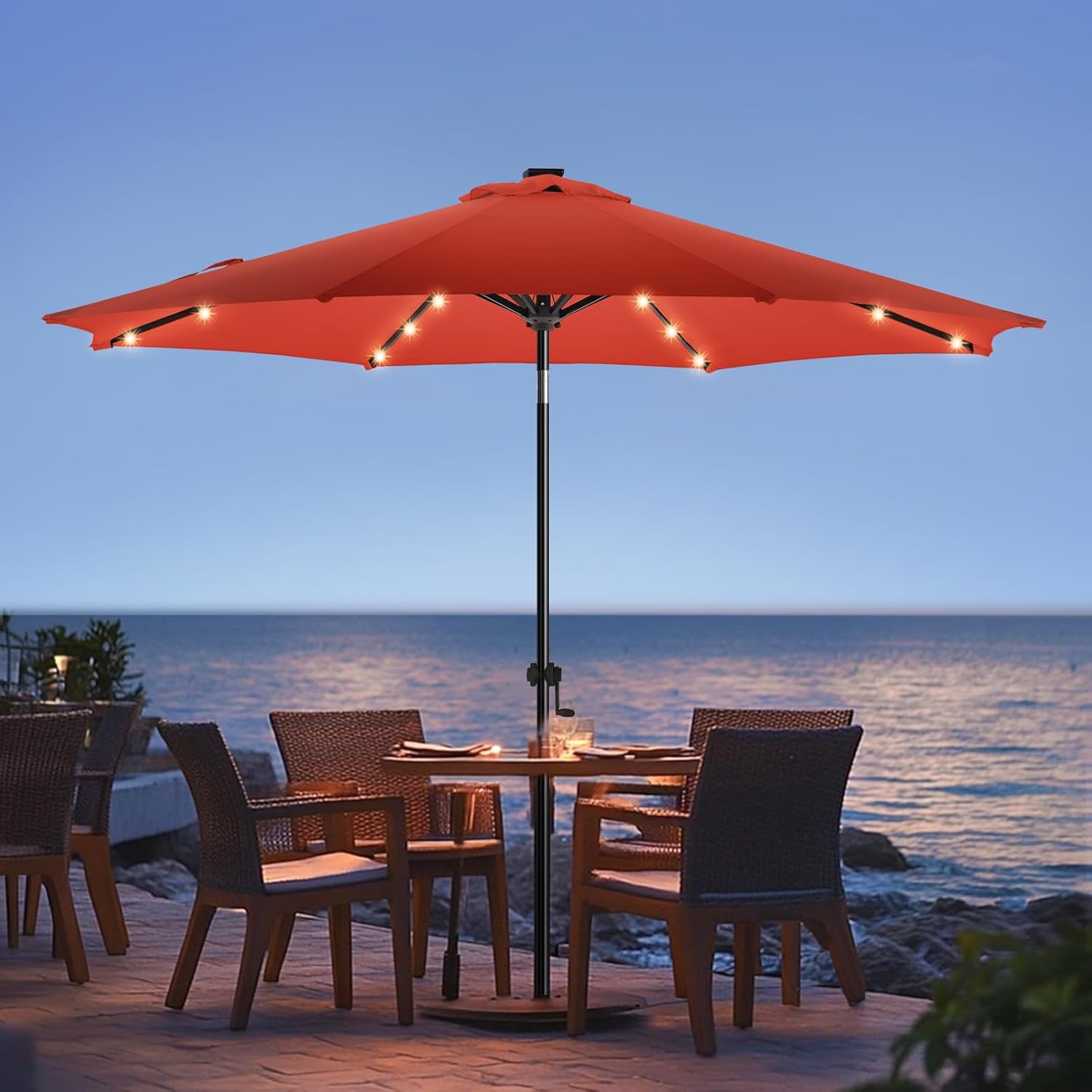 wikiwiki 7.5ft Solar Led Patio Umbrella, Sturdy Outdoor Market Umbrella for Deck, Pool, Garden w/Tilt, Crank, 18 LED Lights, Beige