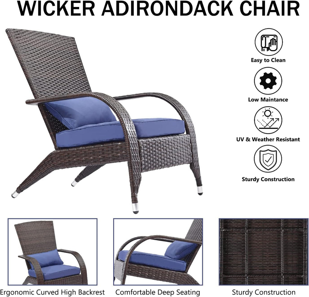 Outdoor Wicker Adirondack Chairs Set 2 Rattan Fire Pit Chairs Oversized Comfy Relax Accent Patio Chairs with Soft Cushion Low Deep Seating Tall Curved Backrest for Outside Backyard Deck Porch Navy
