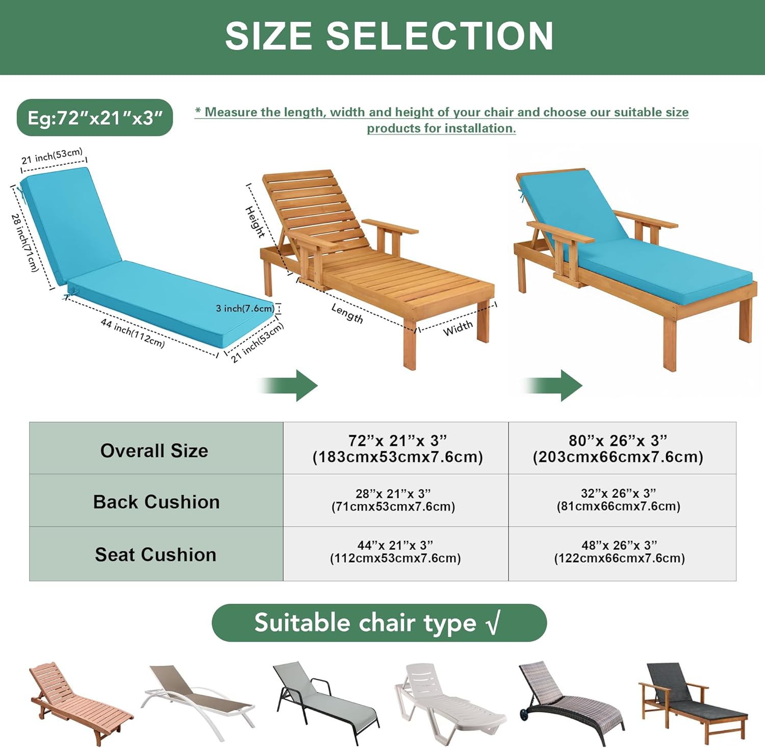 Chaise Lounge Cushions Outdoor Set of 2 - Waterproof and Fade Resistant Sun Lounger Replacement Cushions - Patio Lounger Pads with Removable Cover for Pool, Deck, Lawn, 72 x 21 x 3 Inch, Teal