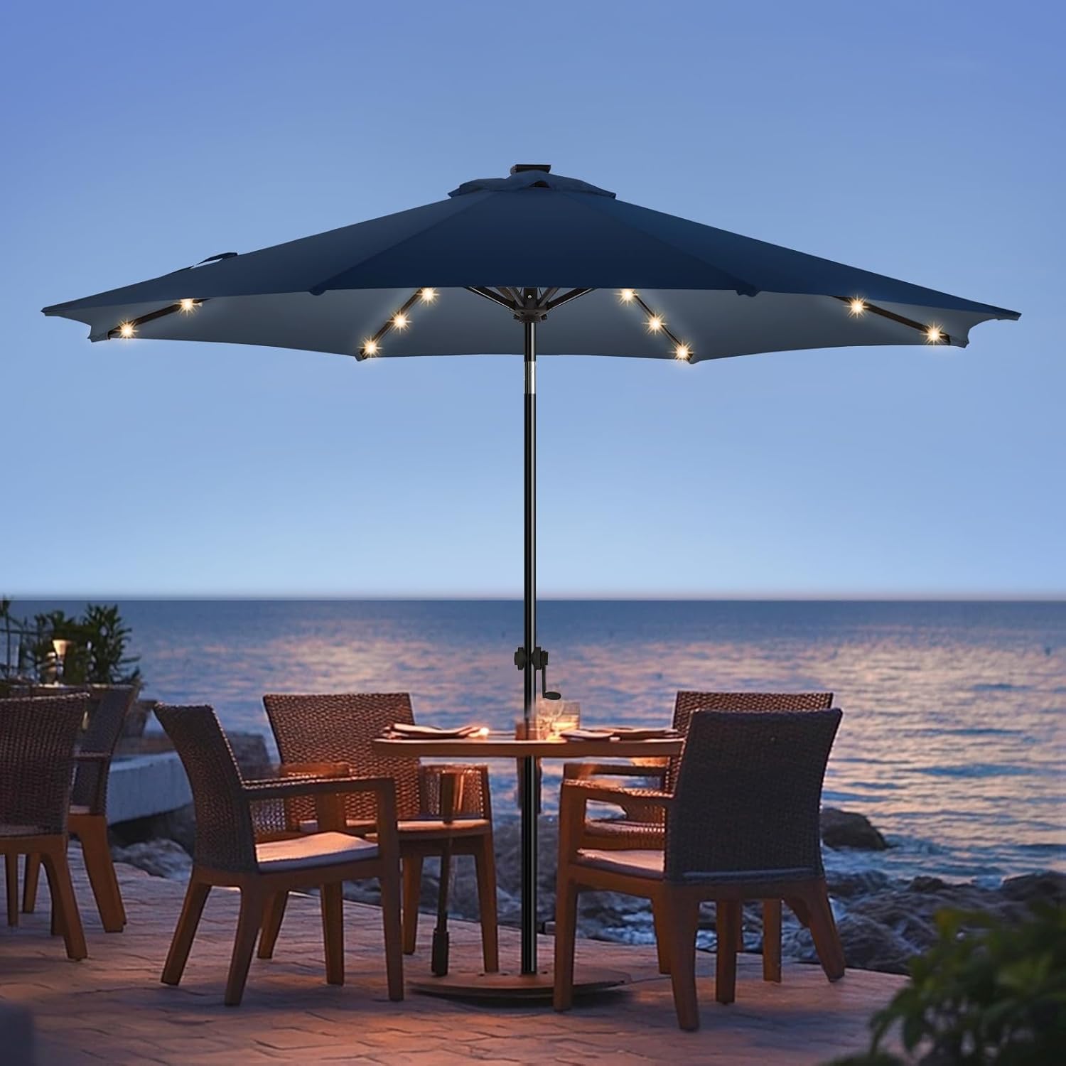 wikiwiki 7.5ft Solar Led Patio Umbrella, Sturdy Outdoor Market Umbrella for Deck, Pool, Garden w/Tilt, Crank, 18 LED Lights, Beige