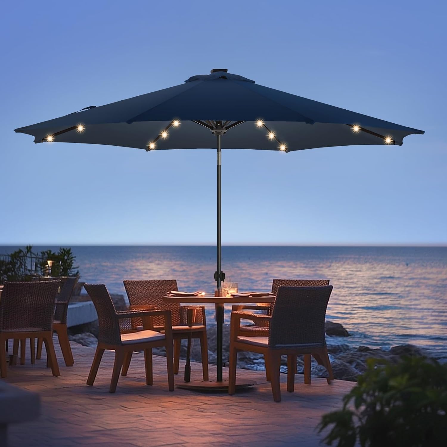 wikiwiki 7.5ft Solar Led Patio Umbrella, Sturdy Outdoor Market Umbrella for Deck, Pool, Garden w/Tilt, Crank, 18 LED Lights, Beige