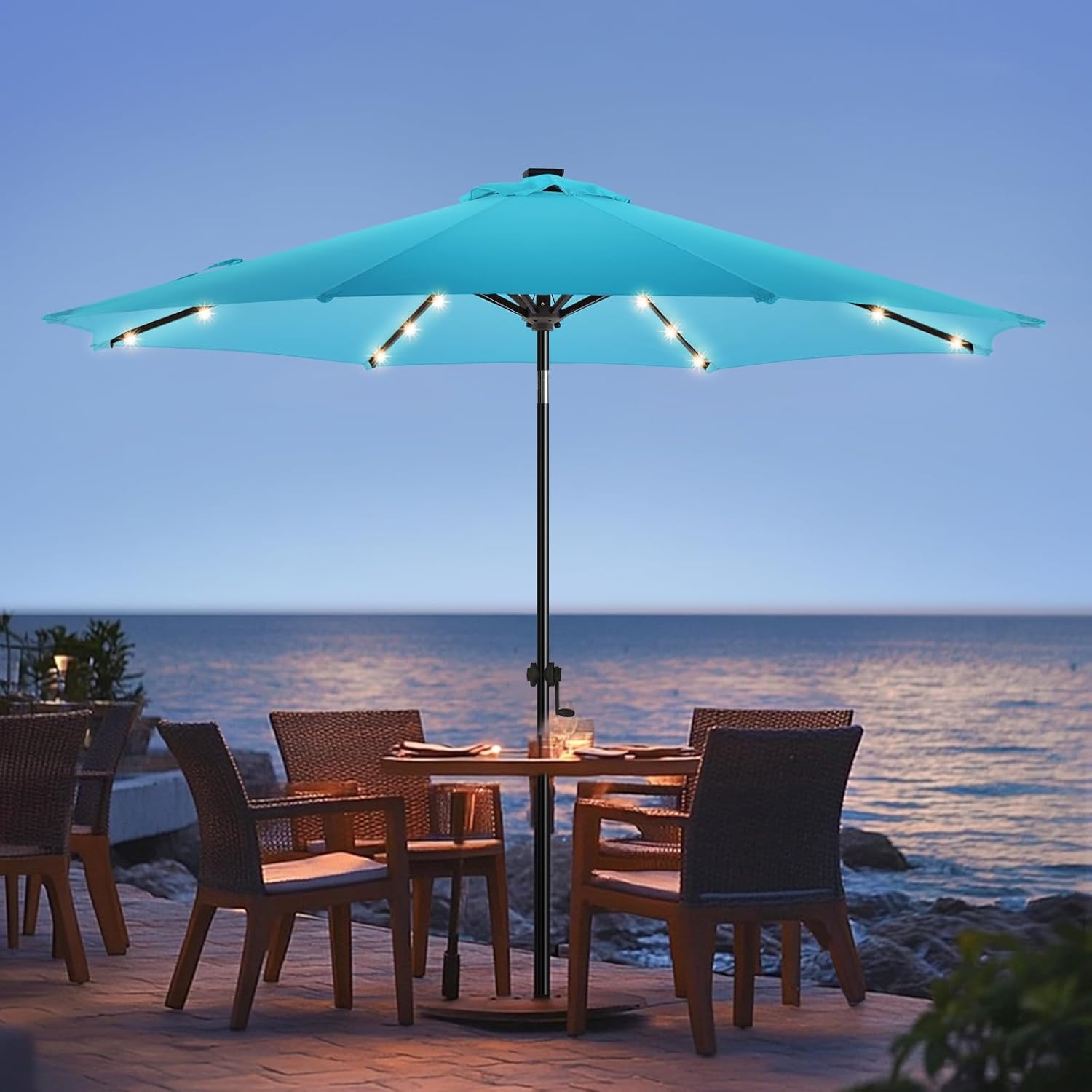 wikiwiki 7.5ft Solar Led Patio Umbrella, Sturdy Outdoor Market Umbrella for Deck, Pool, Garden w/Tilt, Crank, 18 LED Lights, Beige