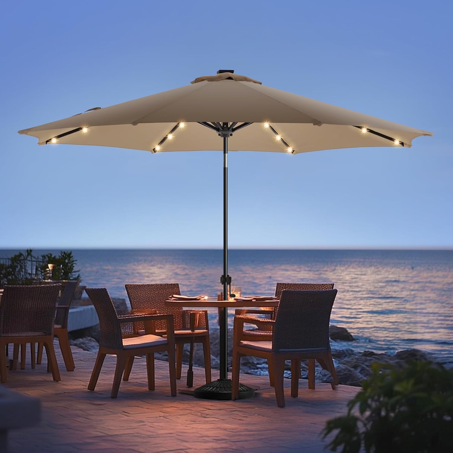 wikiwiki 7.5ft Solar Led Patio Umbrella, Sturdy Outdoor Market Umbrella for Deck, Pool, Garden w/Tilt, Crank, 18 LED Lights, Beige