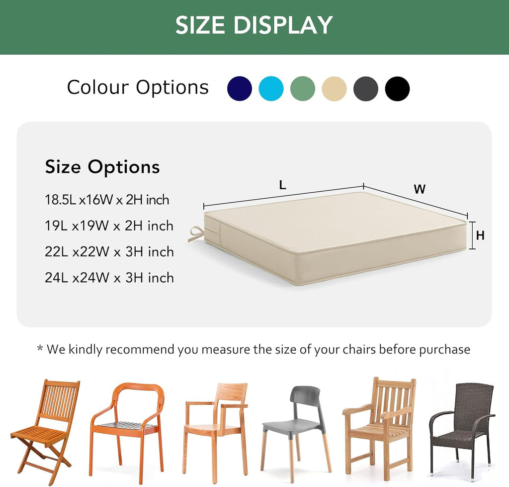 Outdoor Chair Cushions Set of 6: Waterproof & Fade Resistant Seat Cushion for Patio Furniture - 18.5 x 16 x 2 Inch Chair Pads with Ties and Hidden Zipper - Patio Chair Cushion Replacement, Beige