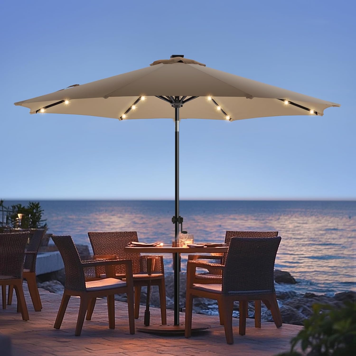 wikiwiki 7.5ft Solar Led Patio Umbrella, Sturdy Outdoor Market Umbrella for Deck, Pool, Garden w/Tilt, Crank, 18 LED Lights, Beige