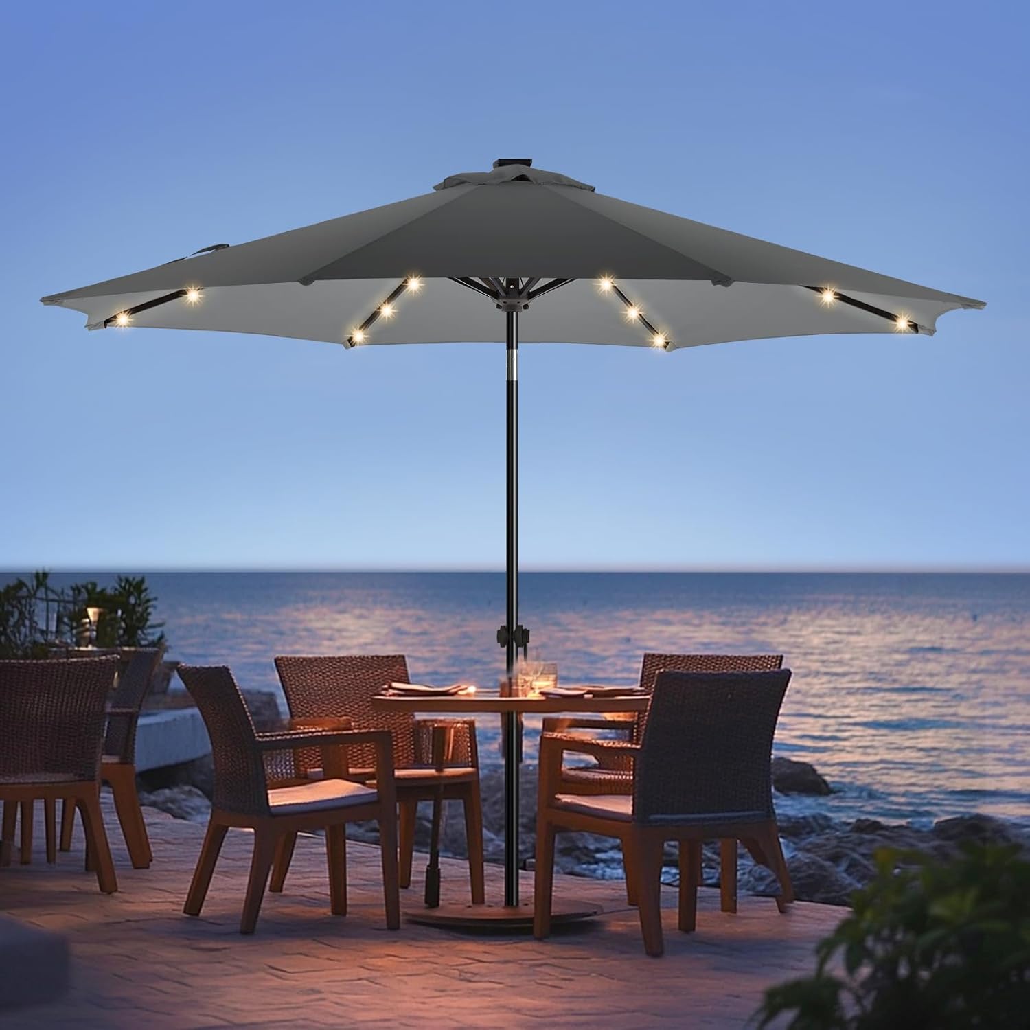 wikiwiki 7.5ft Solar Led Patio Umbrella, Sturdy Outdoor Market Umbrella for Deck, Pool, Garden w/Tilt, Crank, 18 LED Lights, Beige