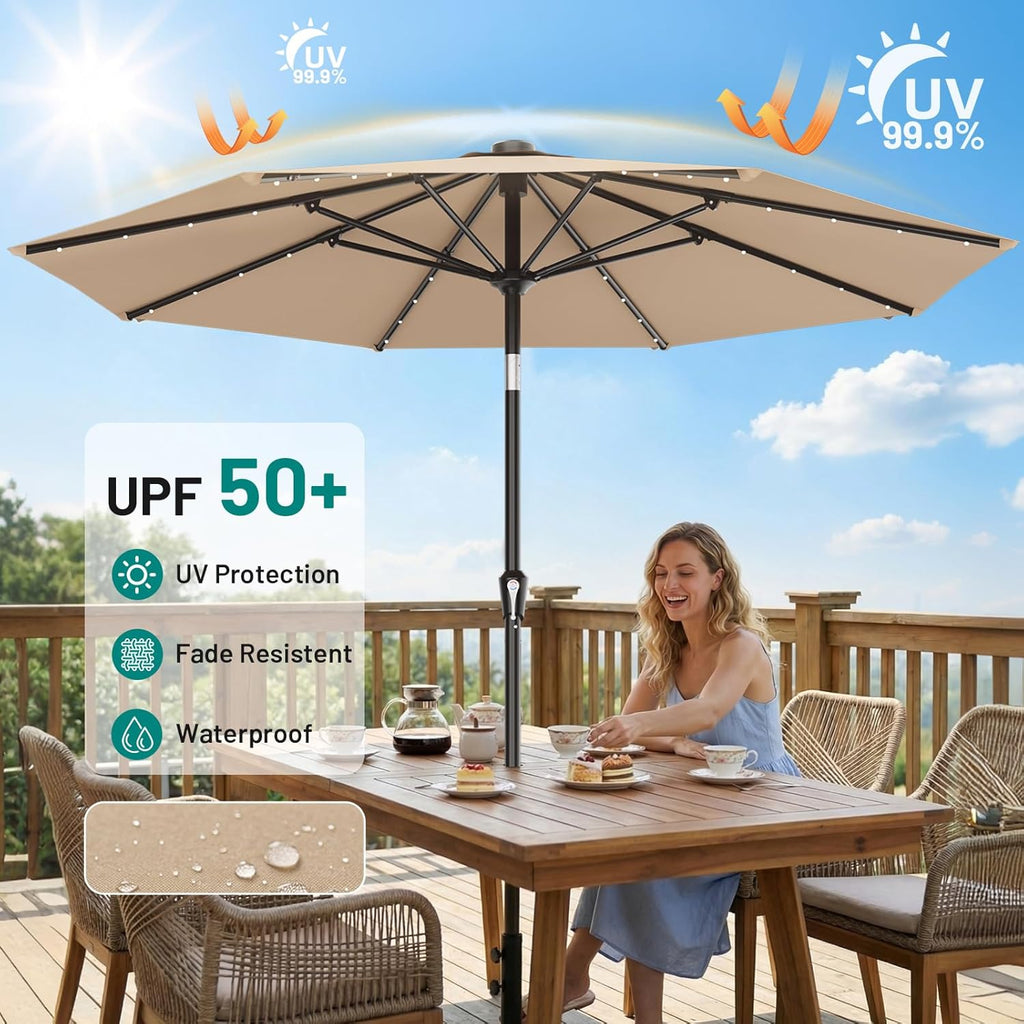 AreShark 9FT Patio Umbrella with Solar Lights, 32 Lighted Pool Umbrella w/Tilt and Crank, Outdoor Market Solar Umbrellas for Garden, Deck, Backyard, Pool and Beach, Beige