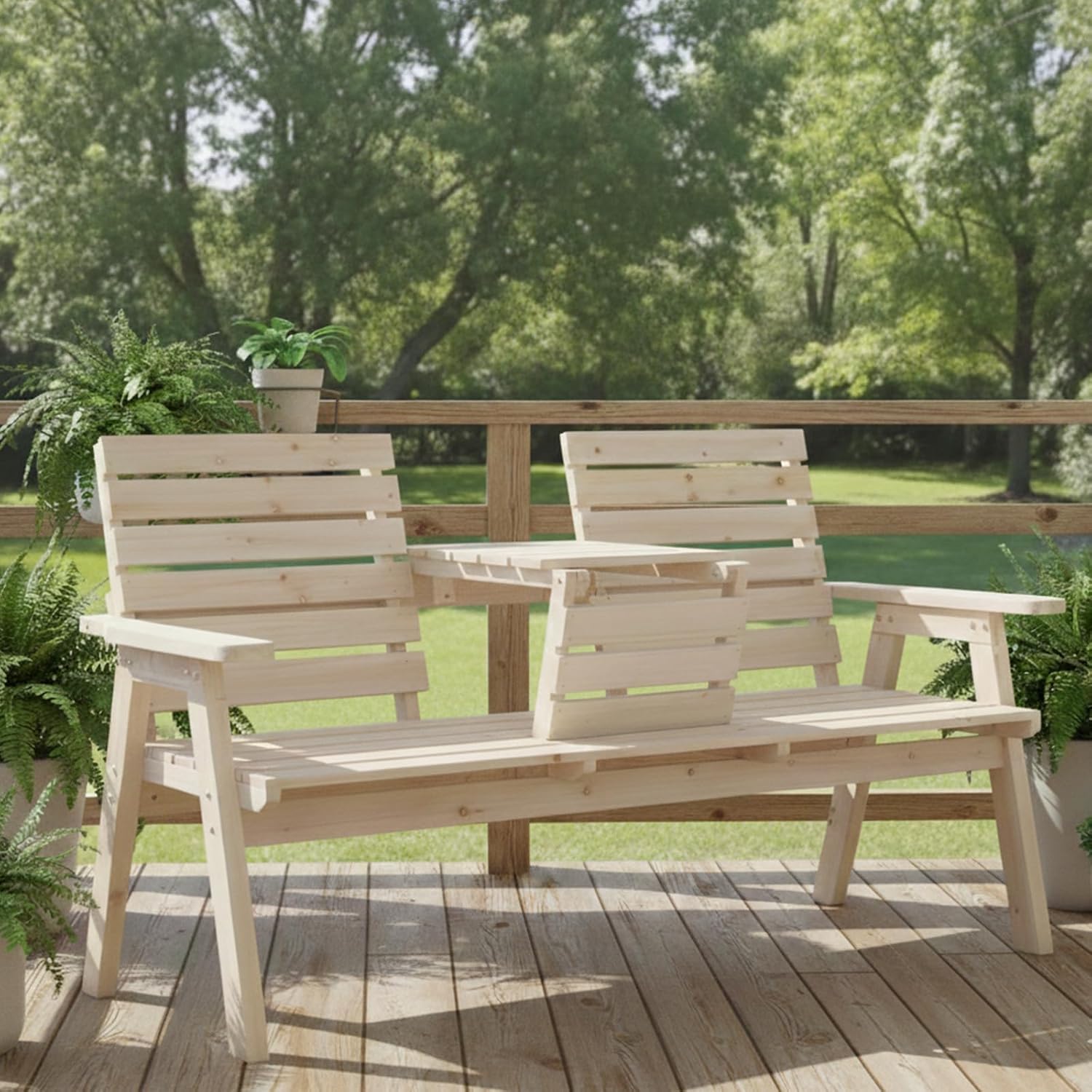 FORTUNO Cedar/Fir Log Wood Patio Garden Bench with Foldable Table, Outdoor Wooden Porch 3-Seat Bench Chair for Garden Balcony Patio Backyard, Natural Finish