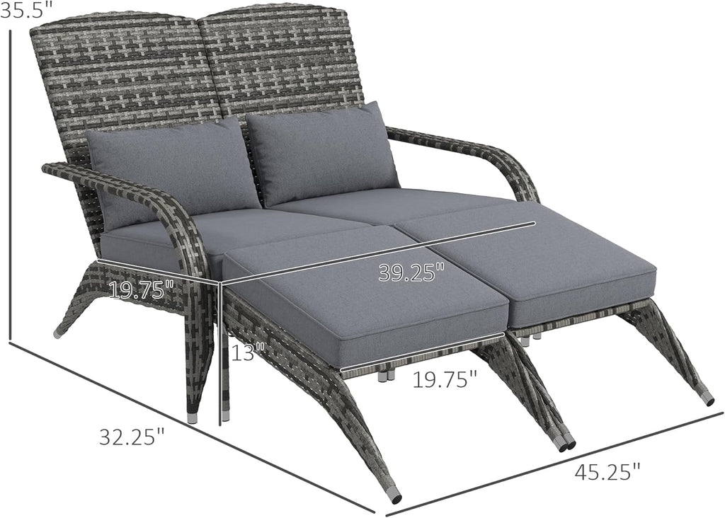 Outsunny Wicker Adirondack Chair for 2 with Cushions and Footrests, High-Back Fire Pit Porch Chair, PE Rattan Double Chaise Lounge Chair with Wide Armrests, Mixed Gray
