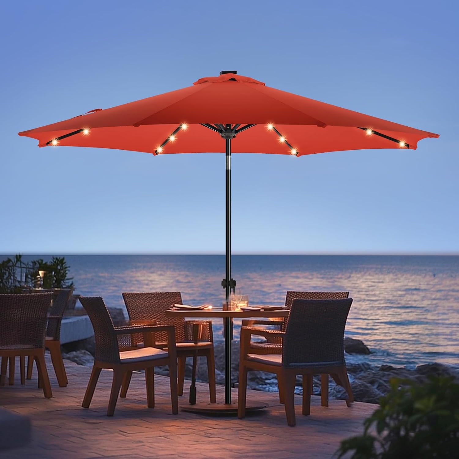 wikiwiki 7.5ft Solar Led Patio Umbrella, Sturdy Outdoor Market Umbrella for Deck, Pool, Garden w/Tilt, Crank, 18 LED Lights, Beige