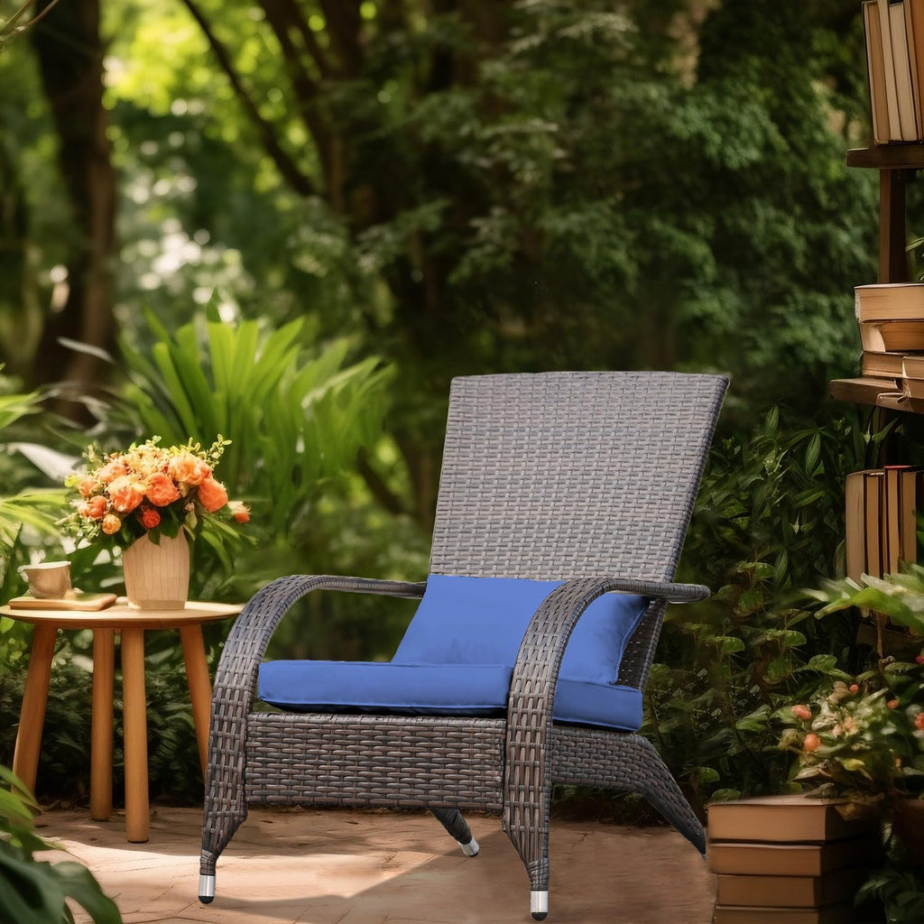 Outdoor Wicker Adirondack Chairs Set 2 Rattan Fire Pit Chairs Oversized Comfy Relax Accent Patio Chairs with Soft Cushion Low Deep Seating Tall Curved Backrest for Outside Backyard Deck Porch Navy