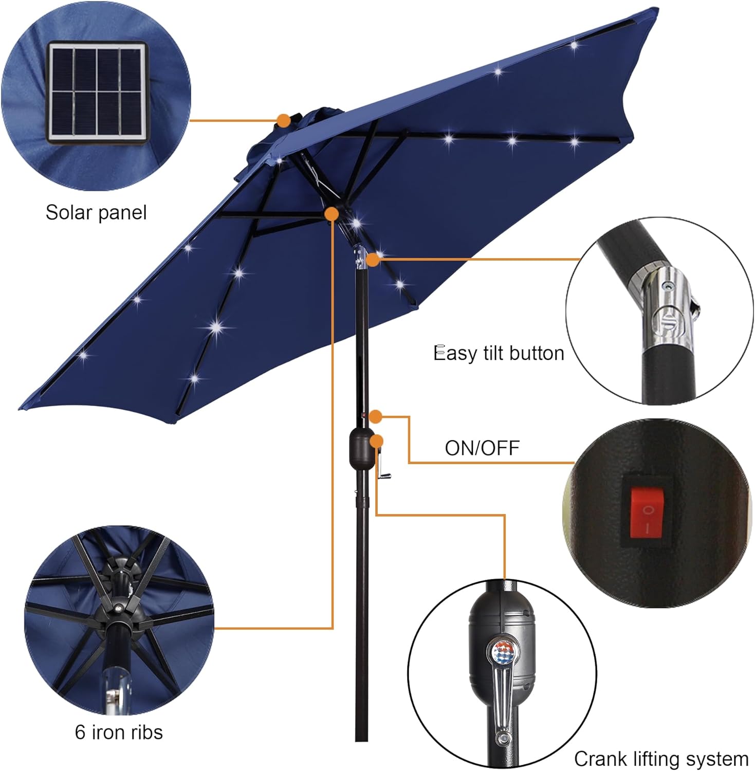 Blissun 7.5 ft Solar Umbrella, 18 LED Lighted Patio Umbrella, Table Market Umbrella