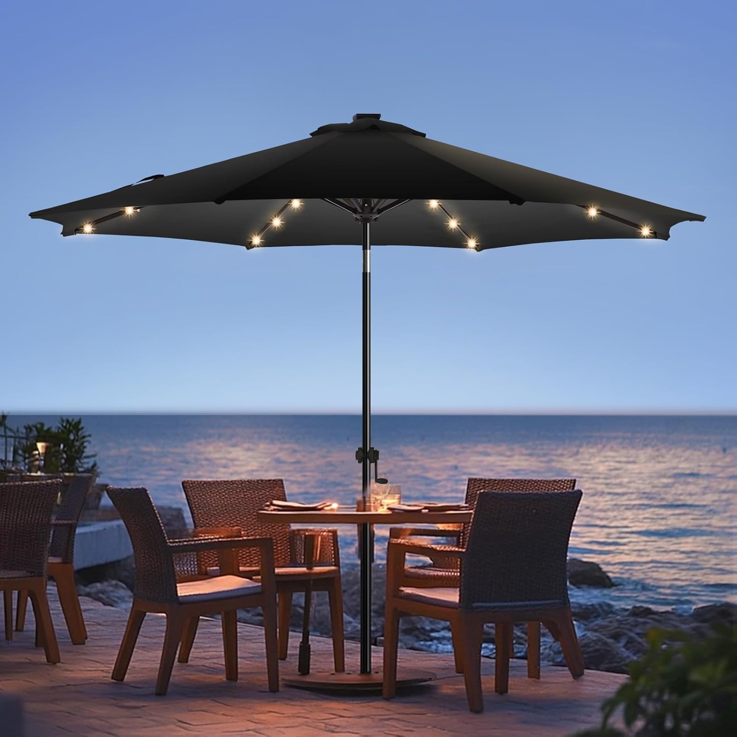 wikiwiki 7.5ft Solar Led Patio Umbrella, Sturdy Outdoor Market Umbrella for Deck, Pool, Garden w/Tilt, Crank, 18 LED Lights, Beige